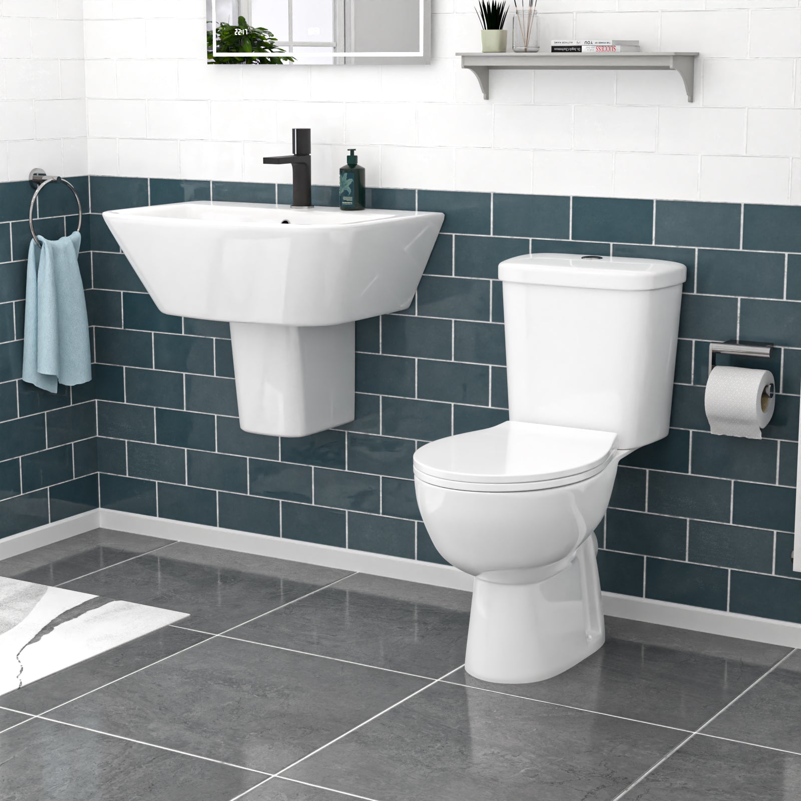 550mm Semi Pedestal Basin Wall Hung White & Close Coupled Toilet