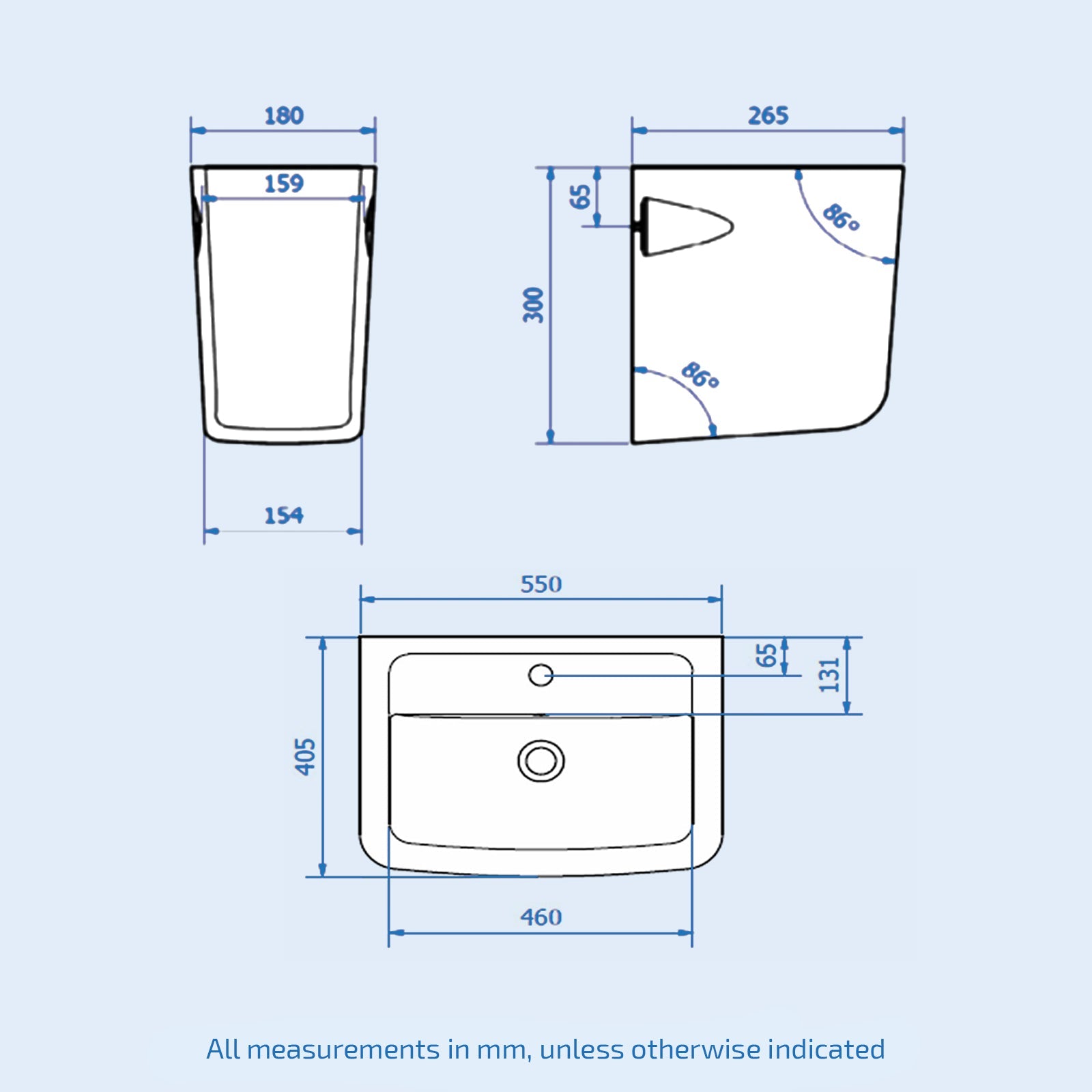 550mm Semi Pedestal Basin Wall Hung White & Close Coupled Toilet