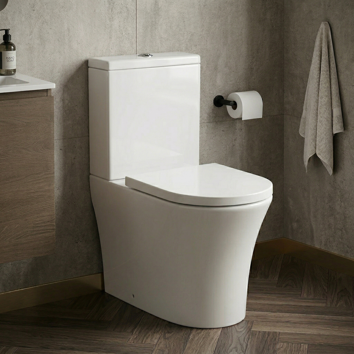 Kartell Kameo White Close to Wall Rimless Close Coupled D Shape Toilet with Cistern & Soft Close Seat