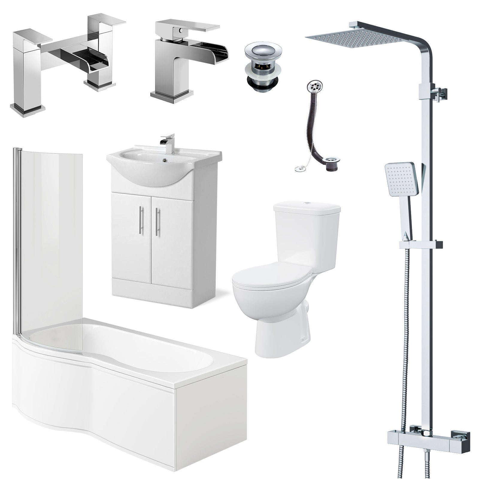 Senore White 1700mm P-Shaped Bath and Screen Basin Flat Pack Vanity Unit Close Coupled Toilet Mono and Shower Mixer Taps & Wastes