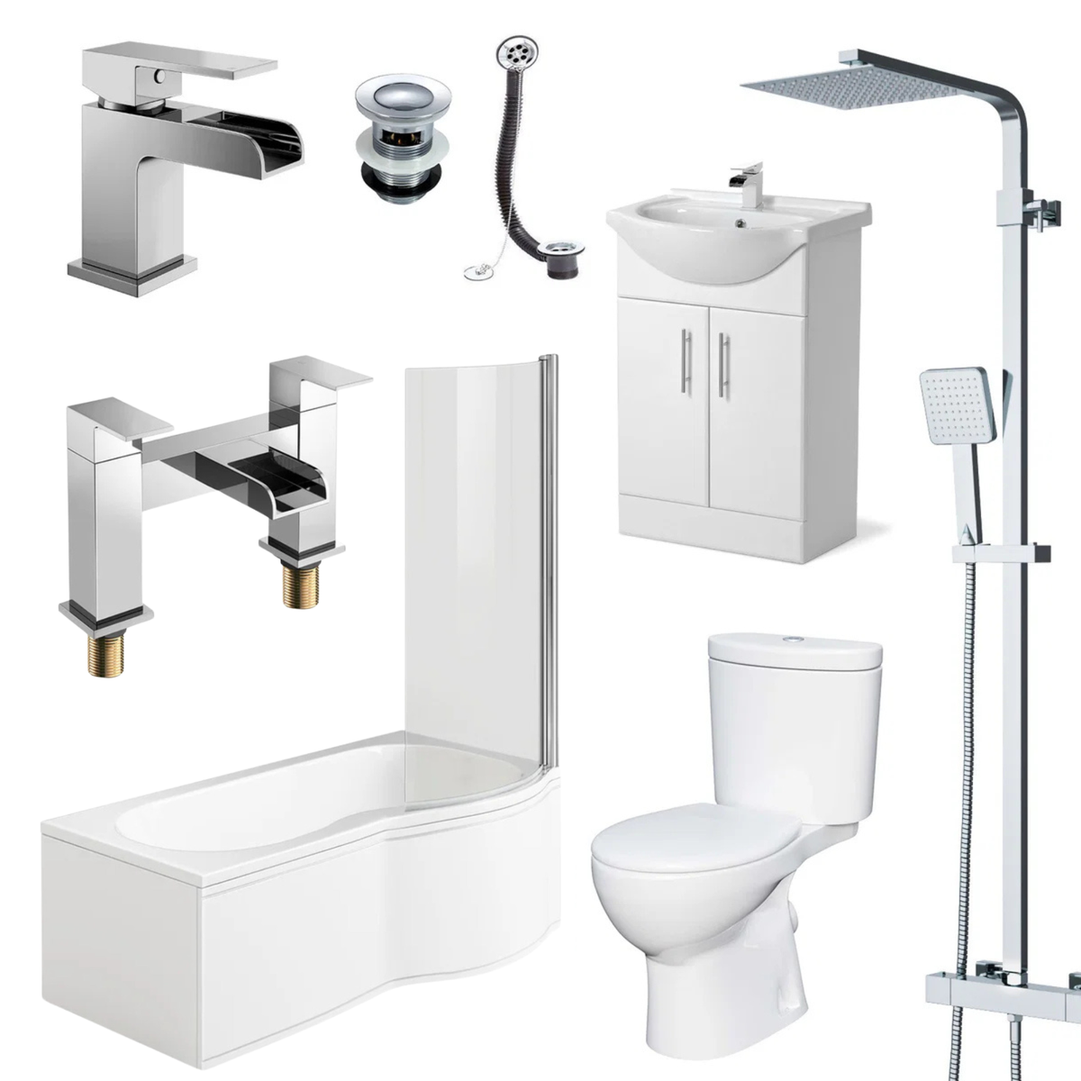 Senore 1700mm P-Shaped Bath with Screen & Front Panel, 550mm Basin Vanity Unit & Close Coupled Toilet - Set with Chrome Fittings