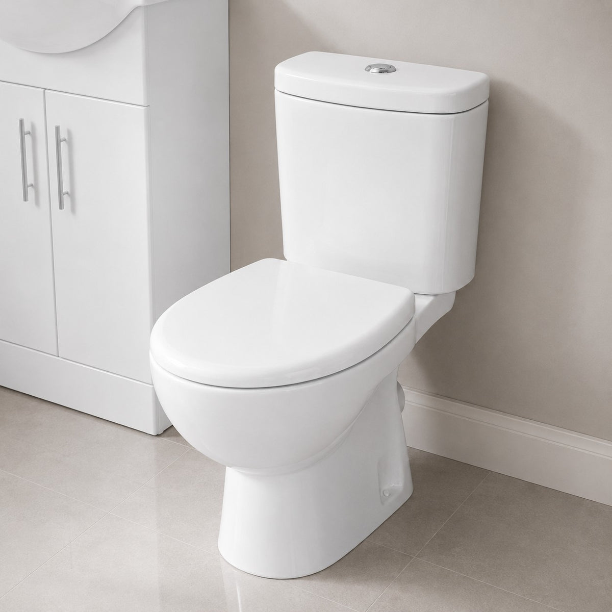 Senore 1700mm P-Shaped Bath with Screen & Front Panel, 550mm Basin Vanity Unit & Close Coupled Toilet - Set with Chrome Fittings
