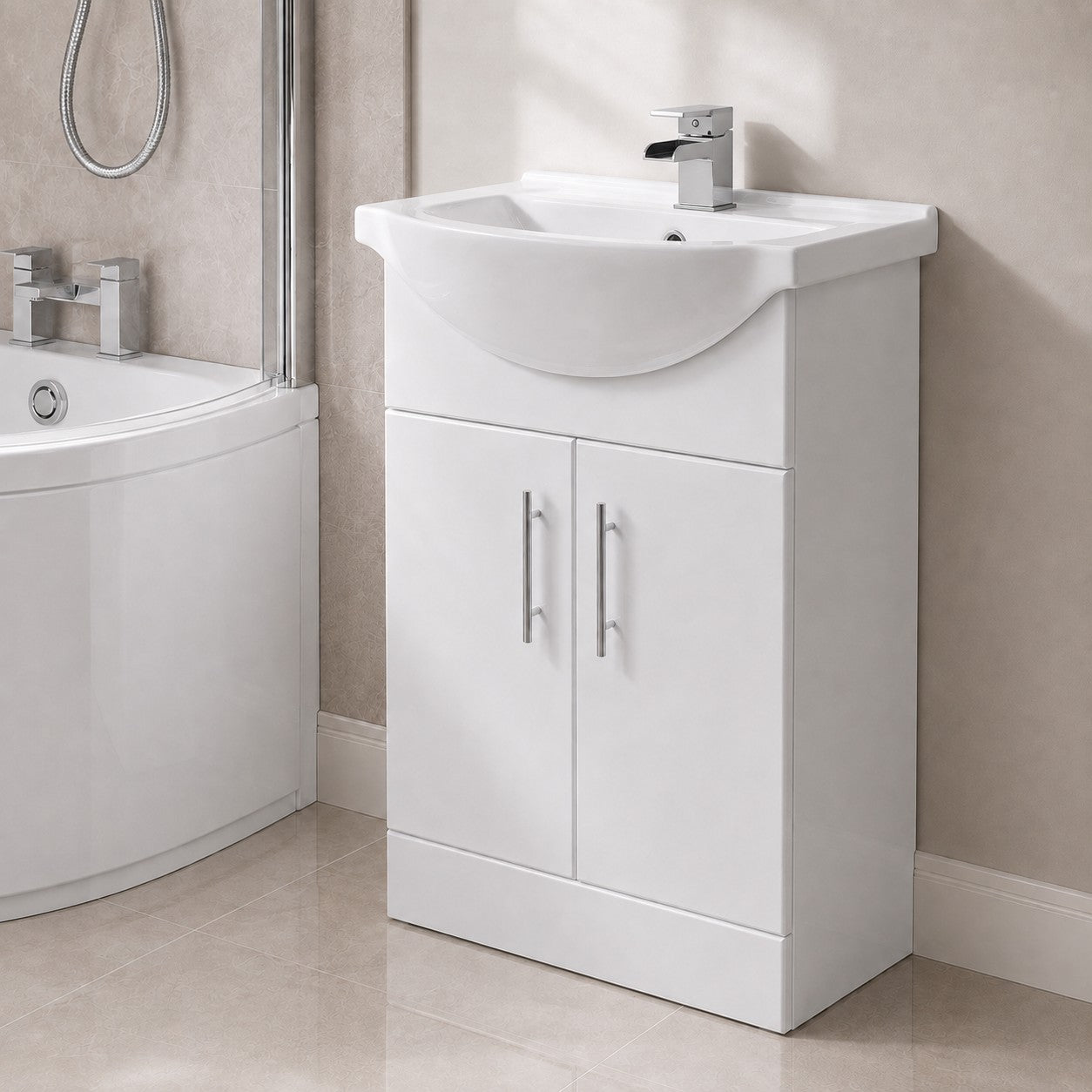 Senore 1700mm P-Shaped Bath with Screen & Front Panel, 550mm Basin Vanity Unit & Close Coupled Toilet - Set with Chrome Fittings