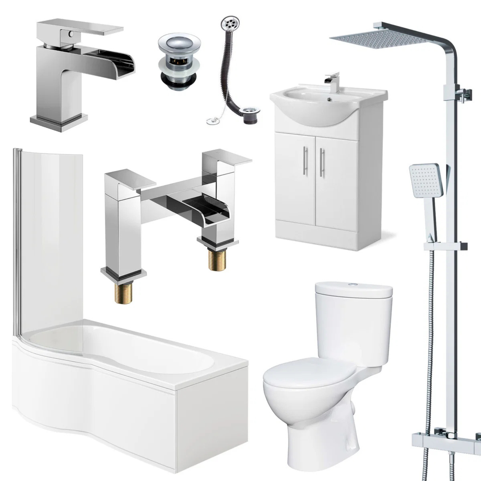 Senore 1700mm P-Shaped Bath with Screen & Front Panel, 550mm Basin Vanity Unit & Close Coupled Toilet - Set with Chrome Fittings