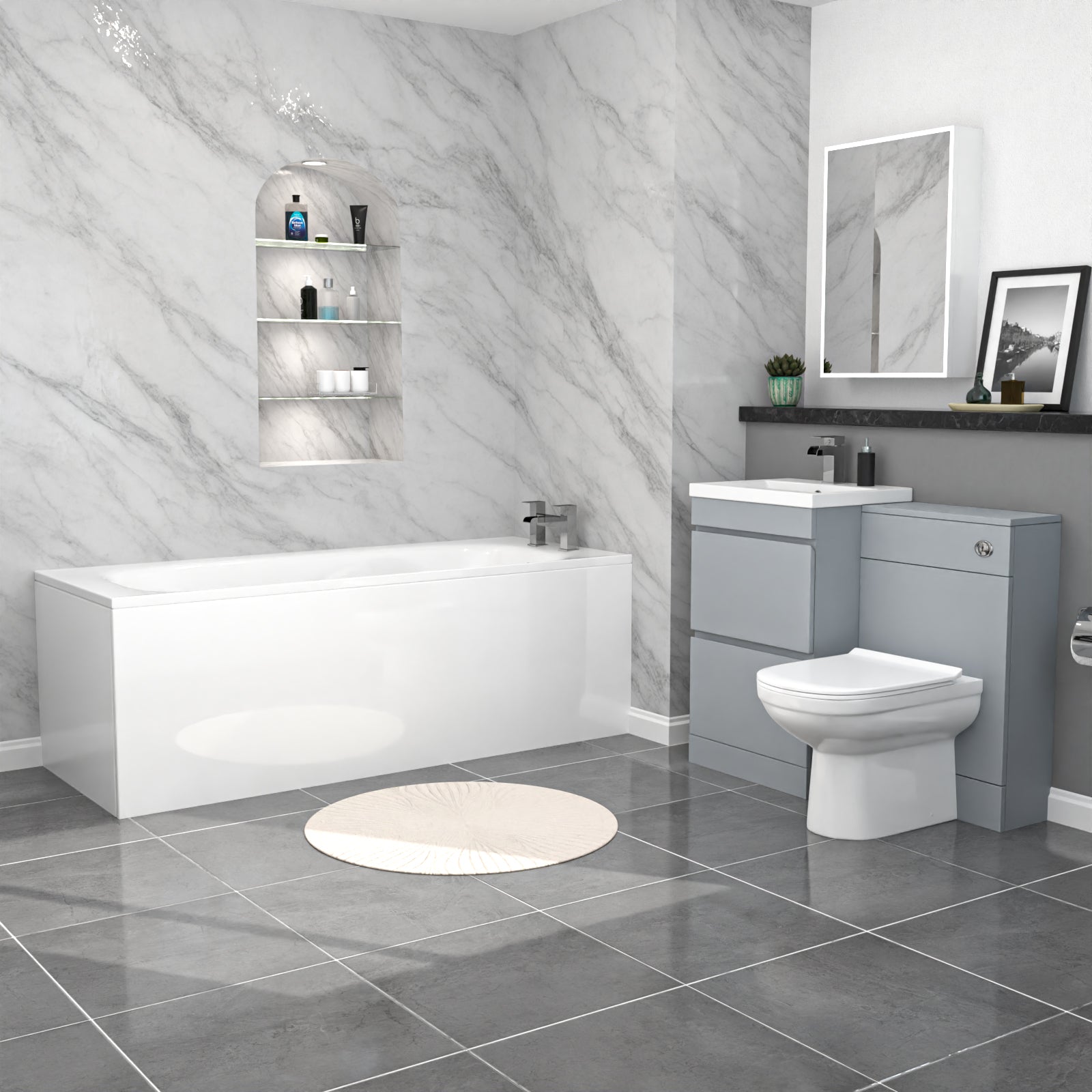 Alaska Matte Grey 500mm PVC 2 Drawers Vanity WC Unit BTW Toilet and Bath Set