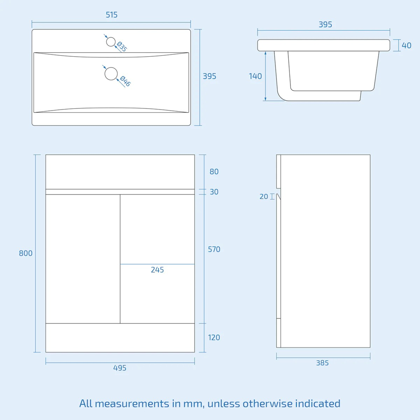 Technical drawing of bathroom fixtures with dimensions on a light blue background