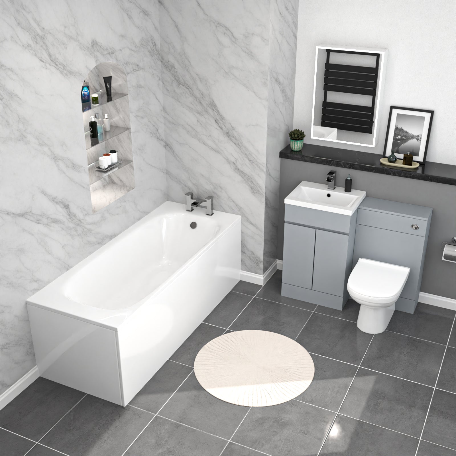 Alaska Matte Grey 500mm PVC 2 Doors Vanity WC Unit BTW Toilet and Bath Set