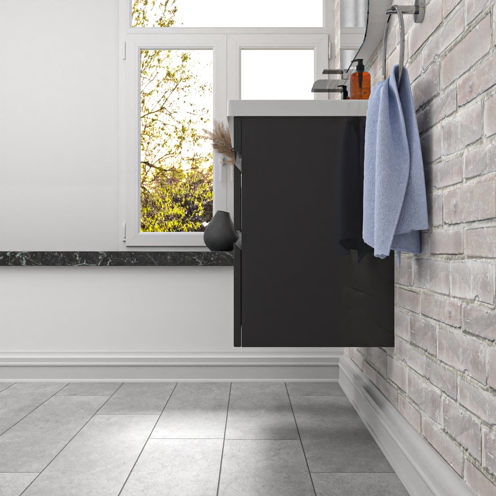 Modern bathroom with a black cabinet, towel, and window view