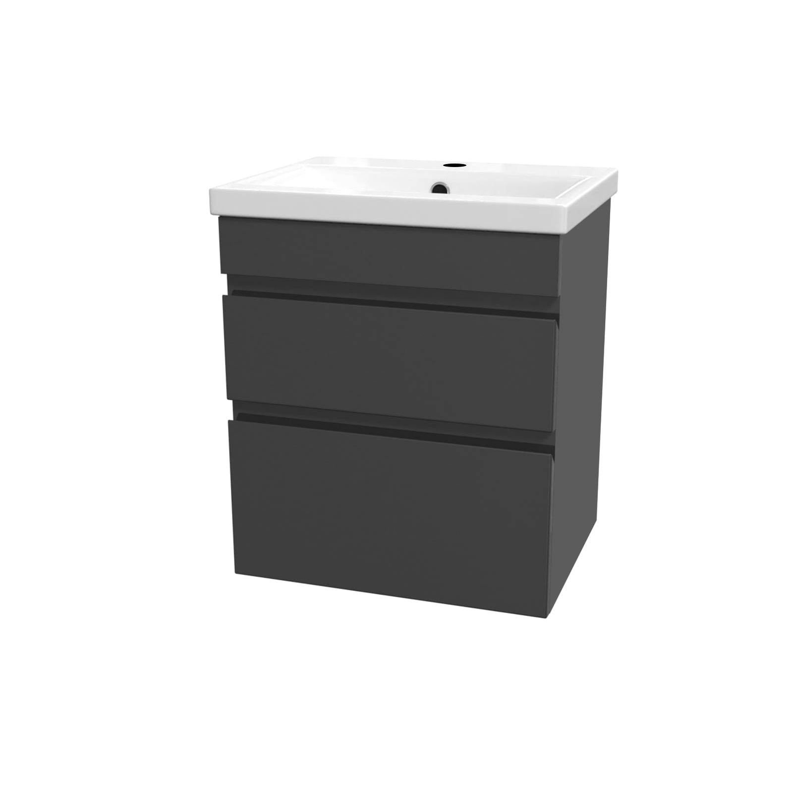 Dark gray vanity with white countertop on a white background