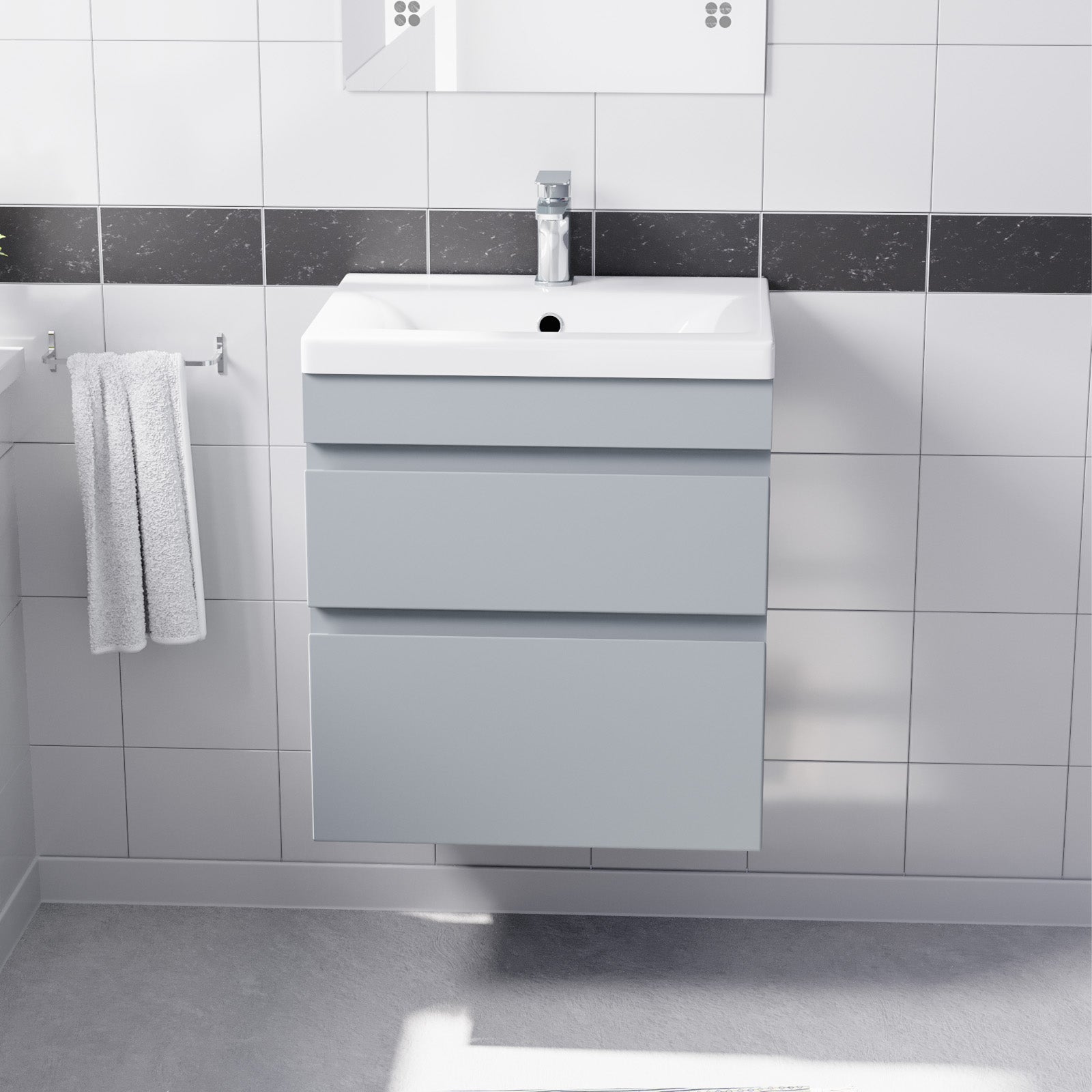 Alaska Wall Hung Matte Grey 500mm PVC 2 Drawers Vanity Unit & Basin Sink