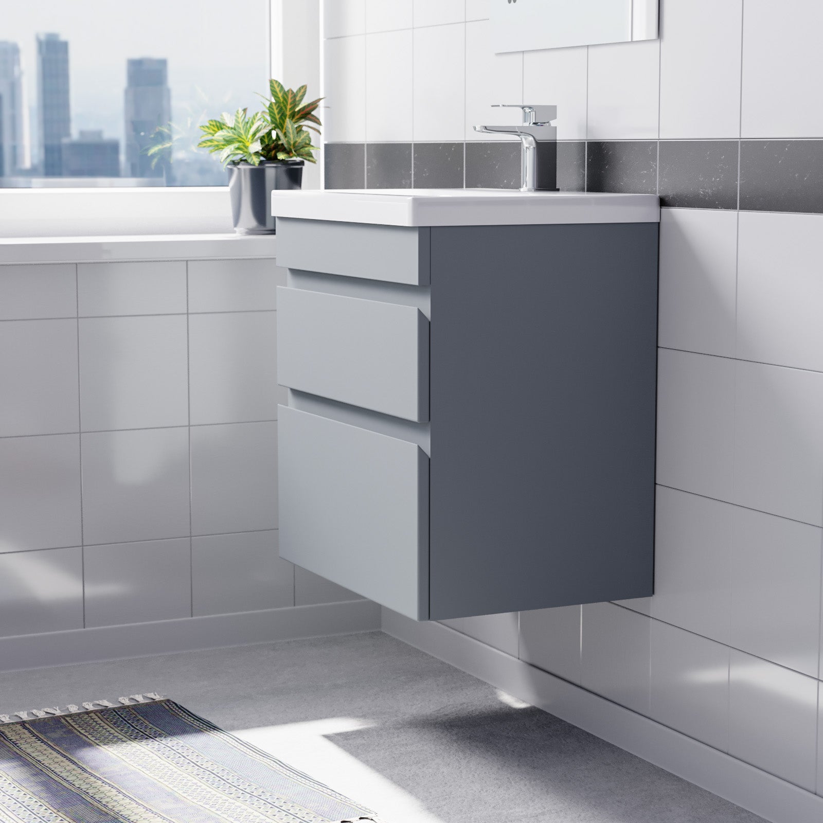 Alaska Wall Hung Matte Grey 500mm PVC 2 Drawers Vanity Unit & Basin Sink