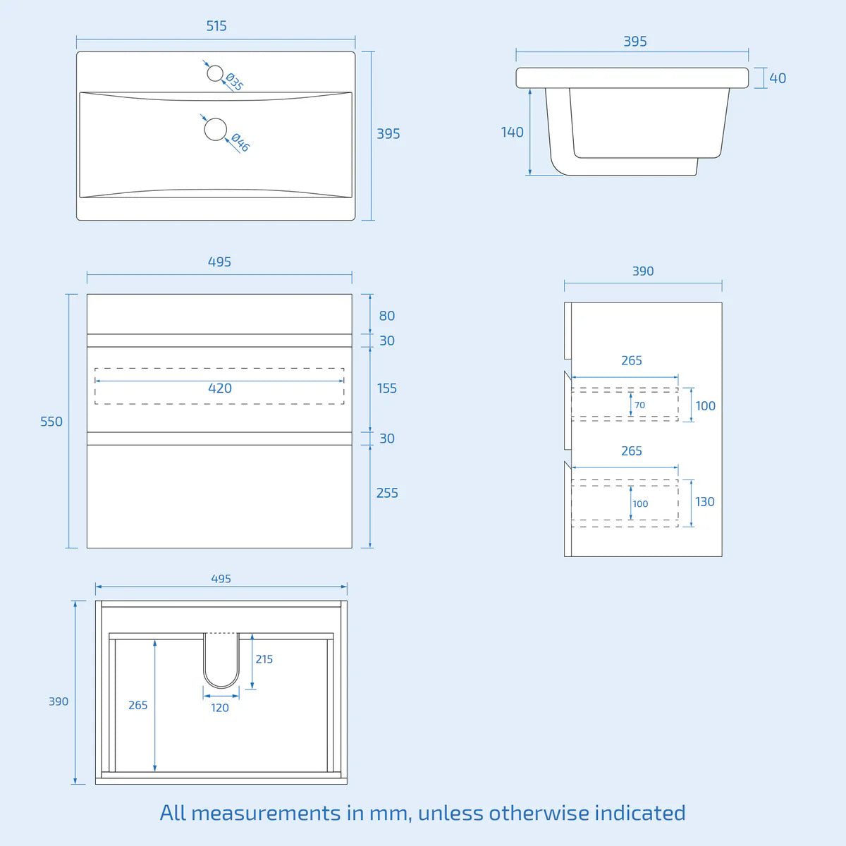 Alaska 500mm Wall Hung Vanity Drawers Handless Matt Grey with Basin & Toilet
