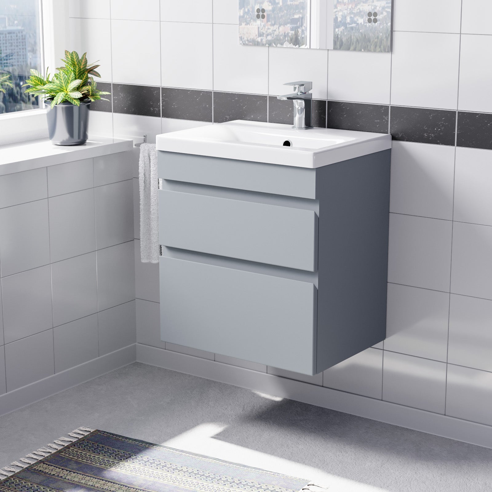 Alaska Wall Hung Matte Grey 500mm PVC 2 Drawers Vanity Unit & Basin Sink
