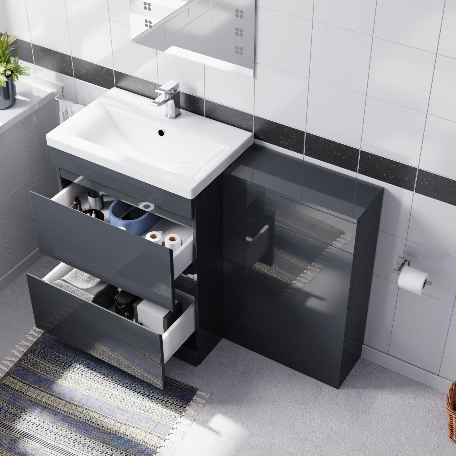 Alaska Dark Grey Freestanding PVC 600mm 2 Drawers Vanity & WC Unit