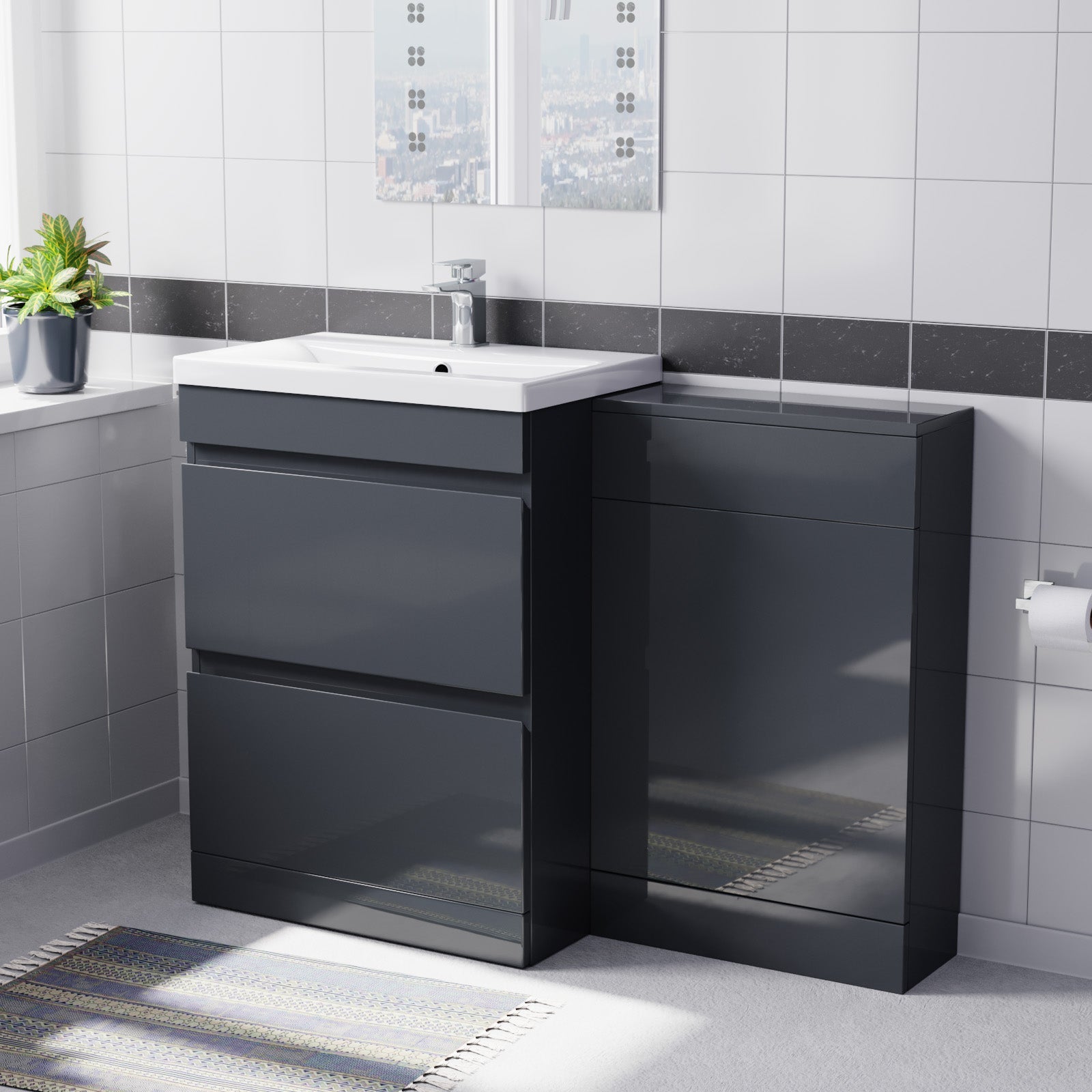 Alaska Dark Grey Freestanding PVC 600mm 2 Drawers Vanity & WC Unit