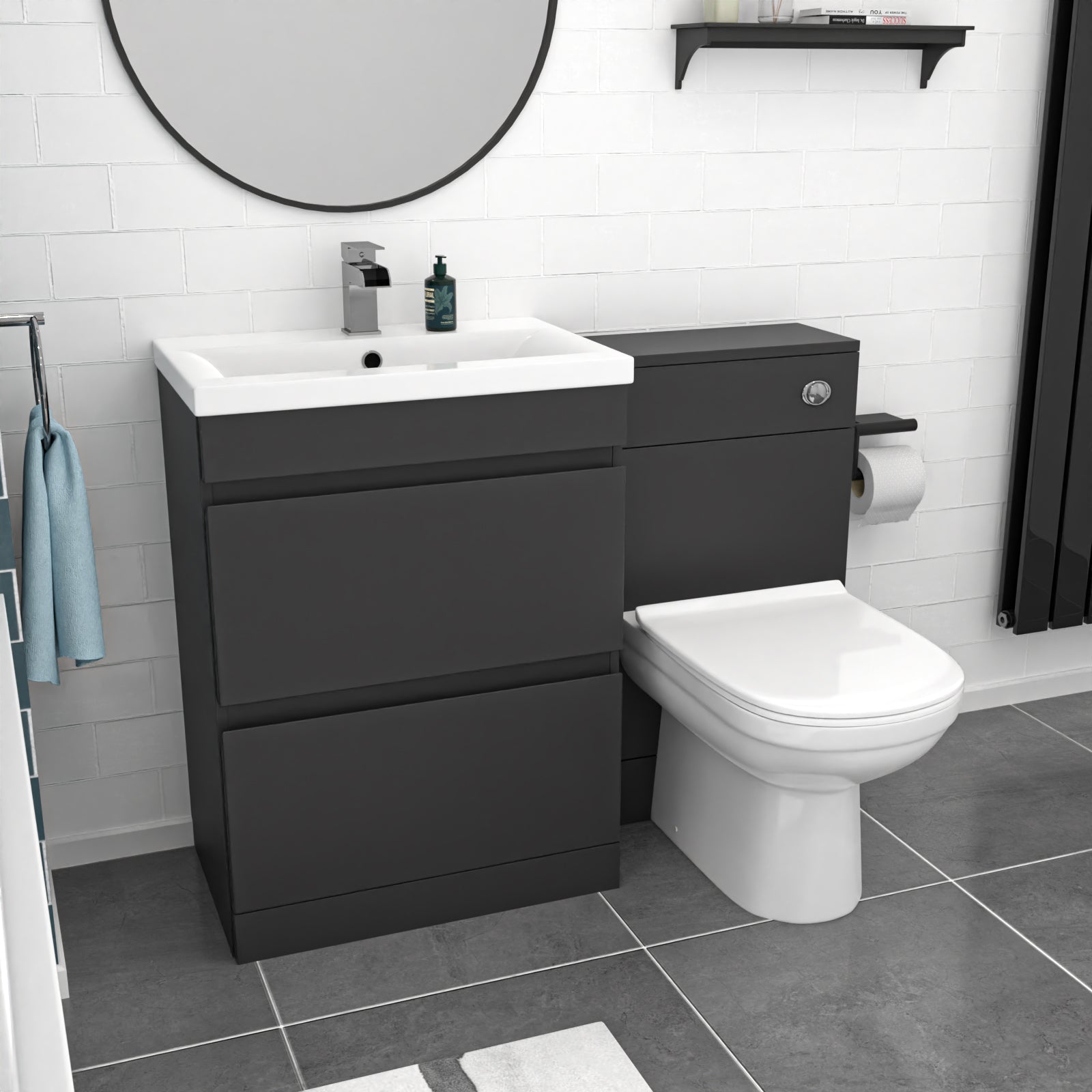 Alaska Dark Grey 600mm PVC 2 Drawers Vanity WC Unit BTW Toilet and Bath Set