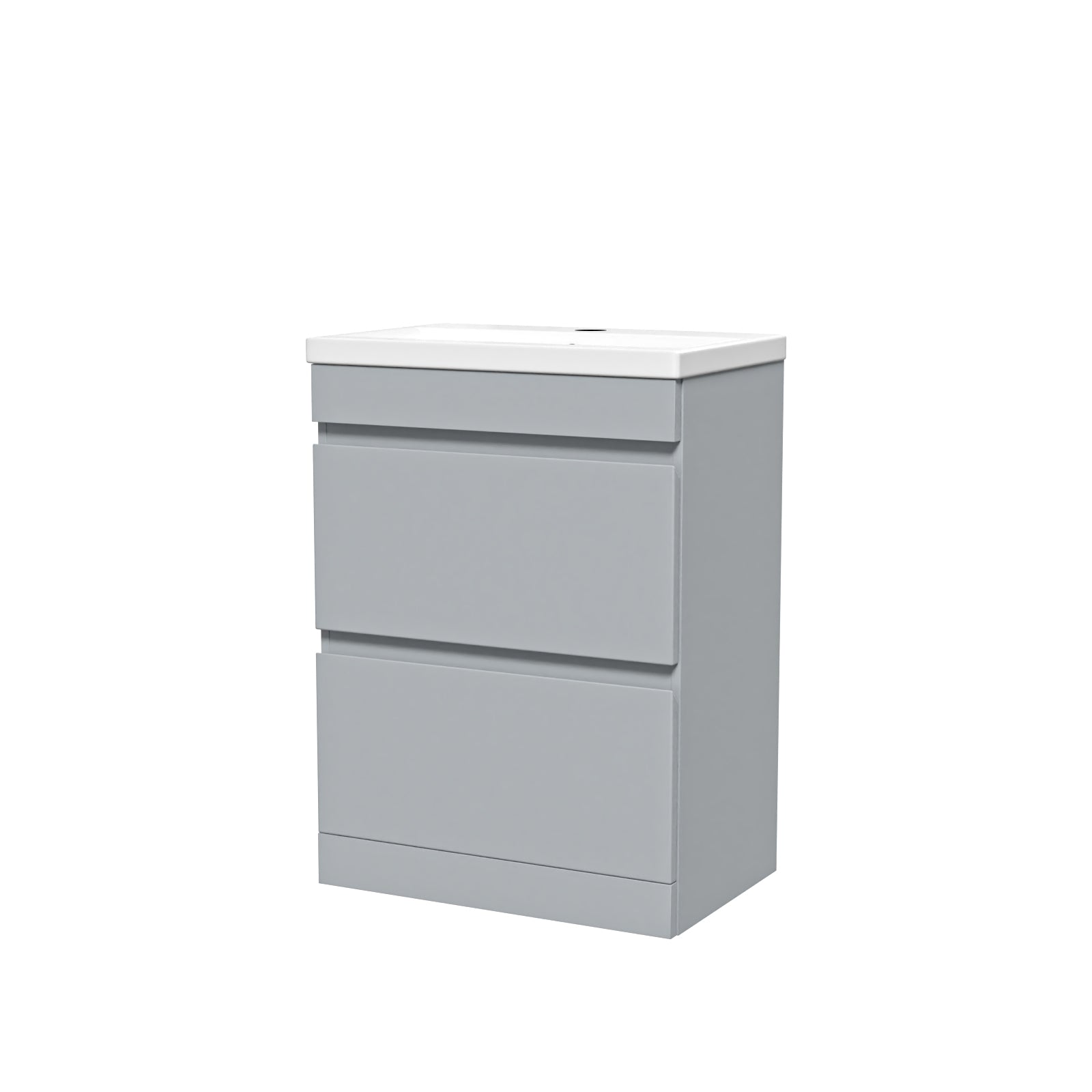 Gray vanity unit with white countertop on a white background