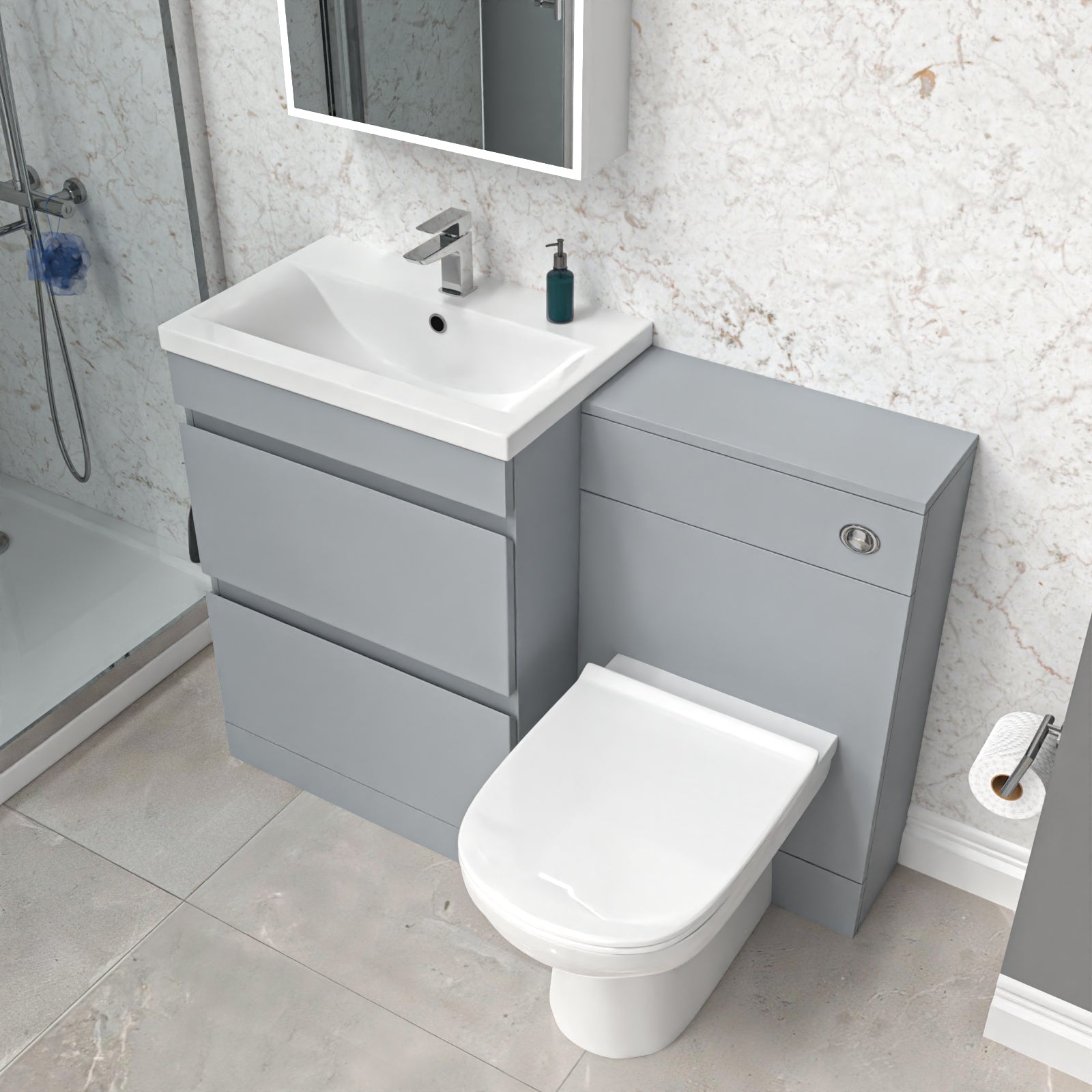 Alaska Matte Grey Freestanding PVC 600mm 2 Drawers Vanity & WC Unit & BTW Toilet