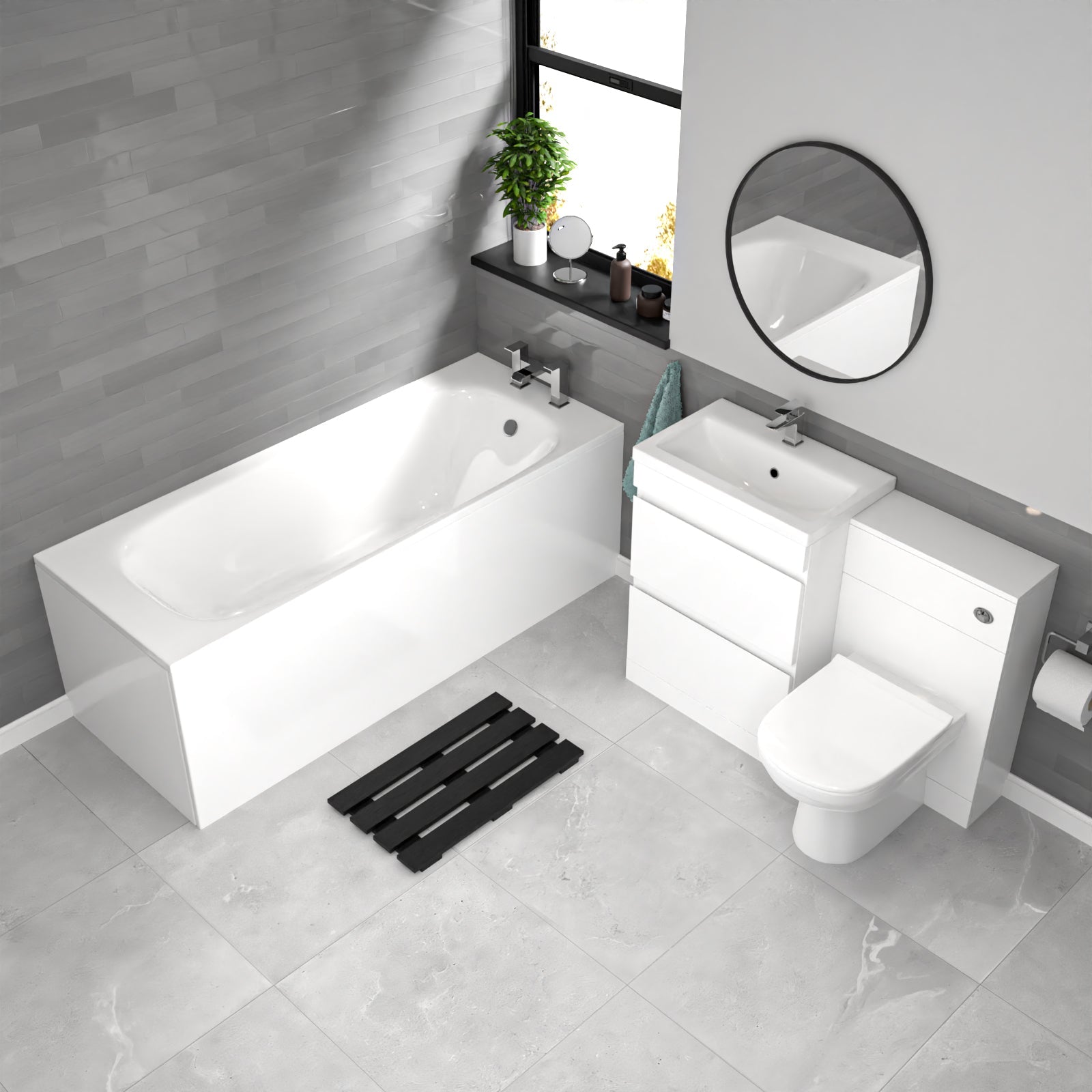 Alaska White 600mm PVC 2 Drawers Vanity WC Unit BTW Toilet and Bath Set