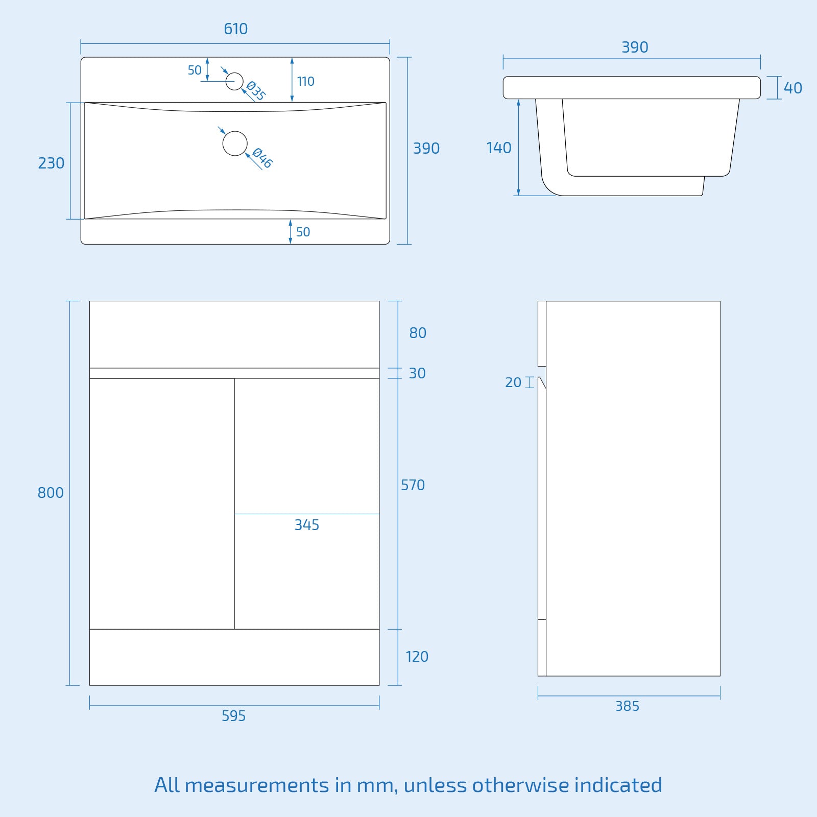 Alaska Dark Grey 600mm PVC 2 Doors Vanity WC Unit BTW Toilet and Bath Set