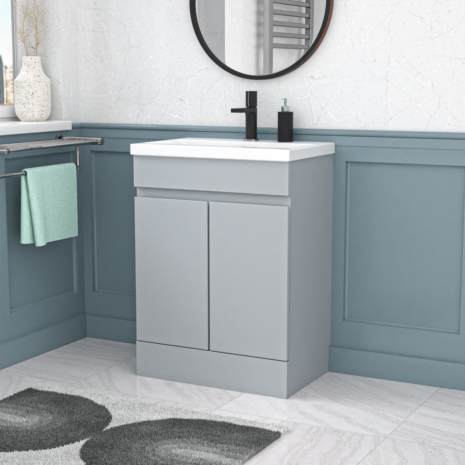 Gray vanity unit with white countertop in a bathroom setting