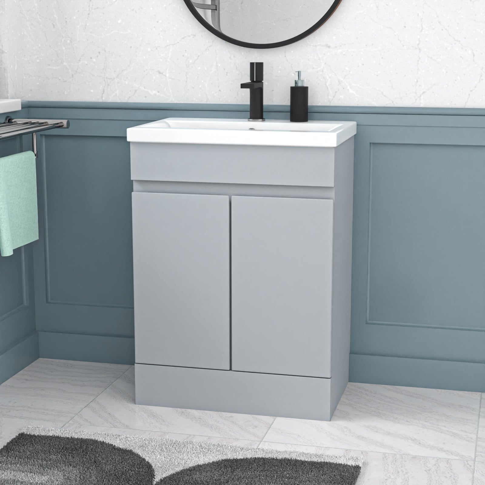 Gray vanity unit with white sink in a bathroom setting