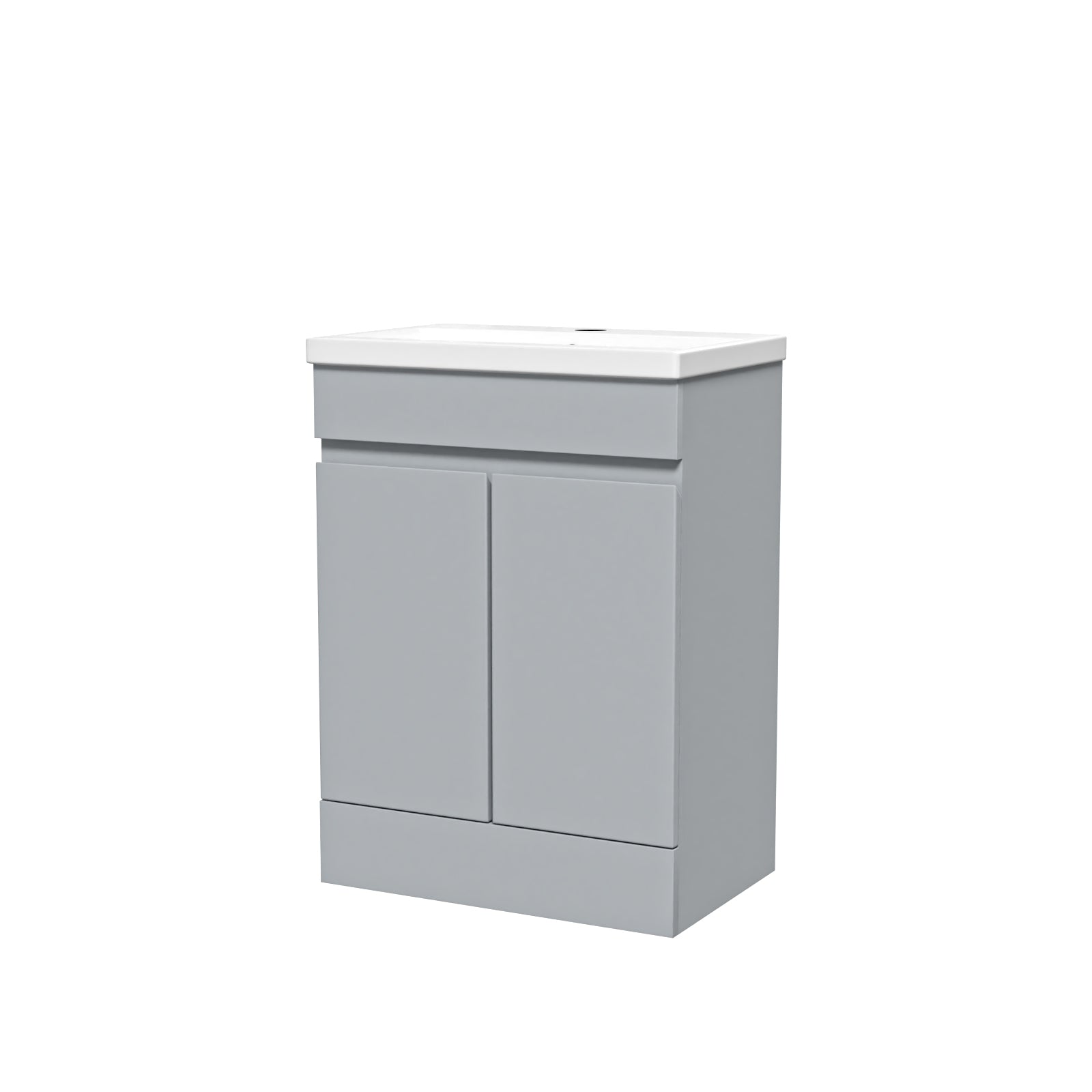 Gray bathroom vanity with white countertop on a white background