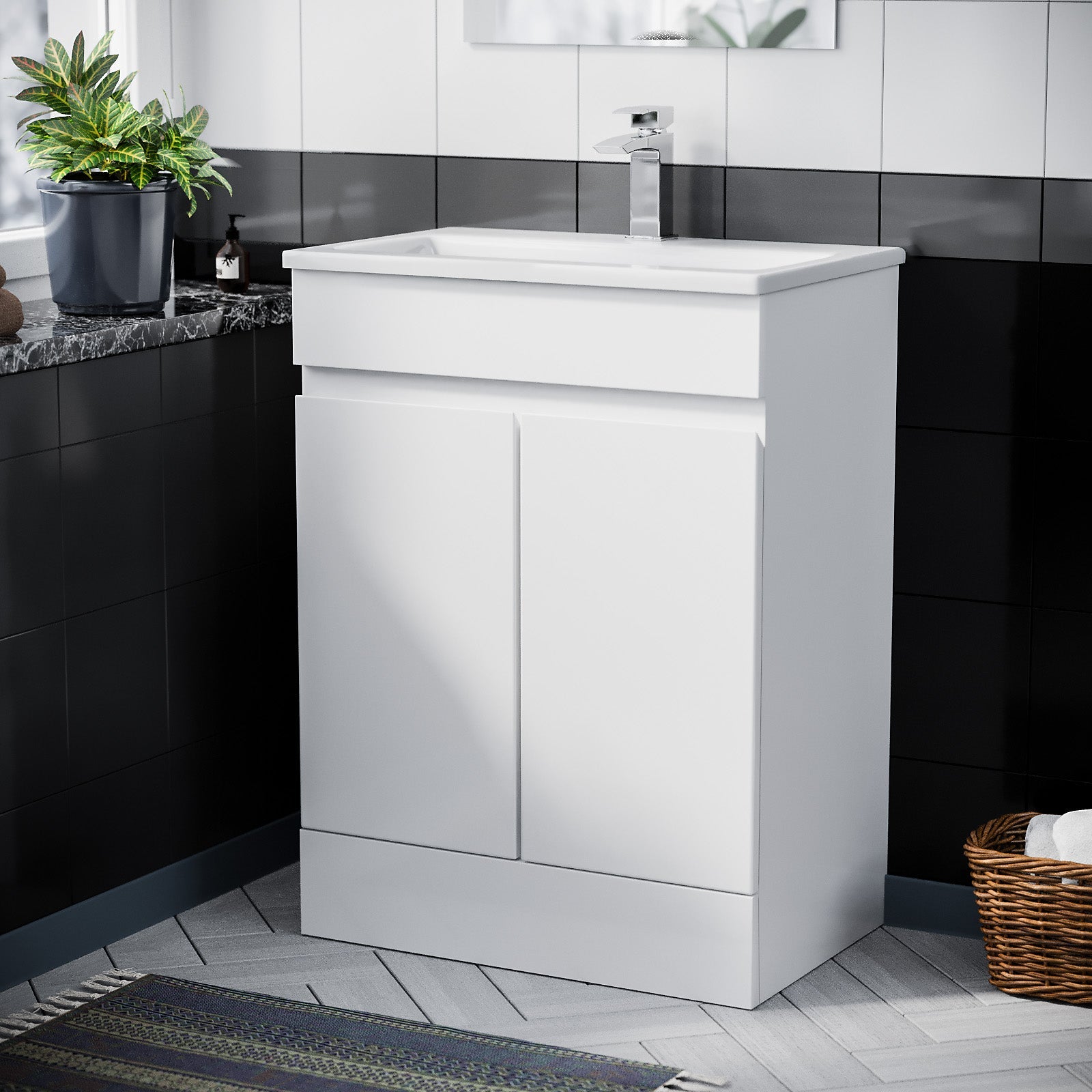 Alaska White 600mm PVC Freestanding Bathroom Slim Basin Vanity Unit