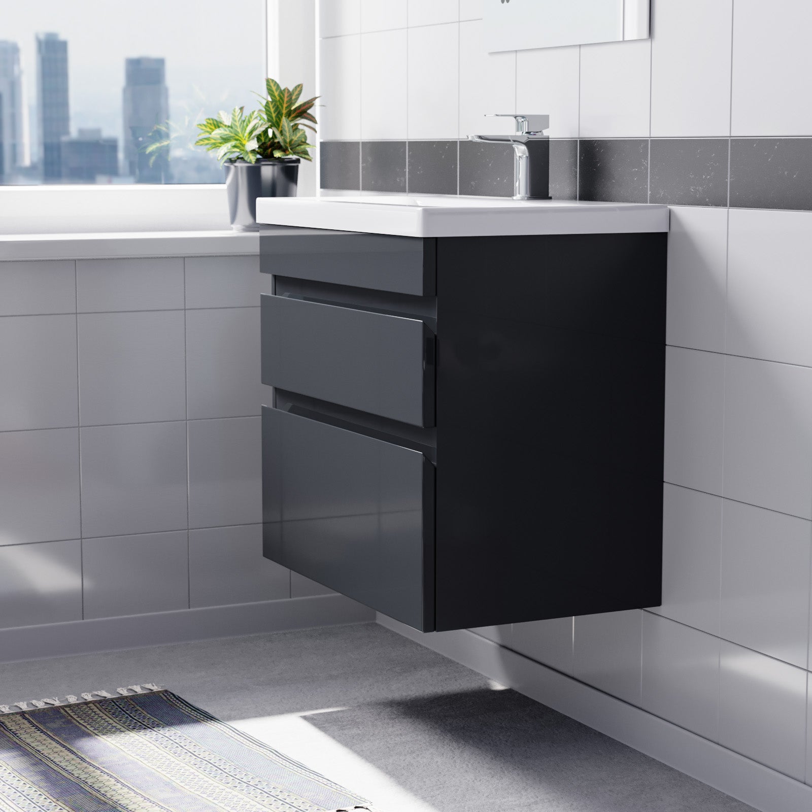 Alaska Dark Grey 600mm PVC 2 Drawer Wall Hung Vanity Cabinet & Basin Sink Unit