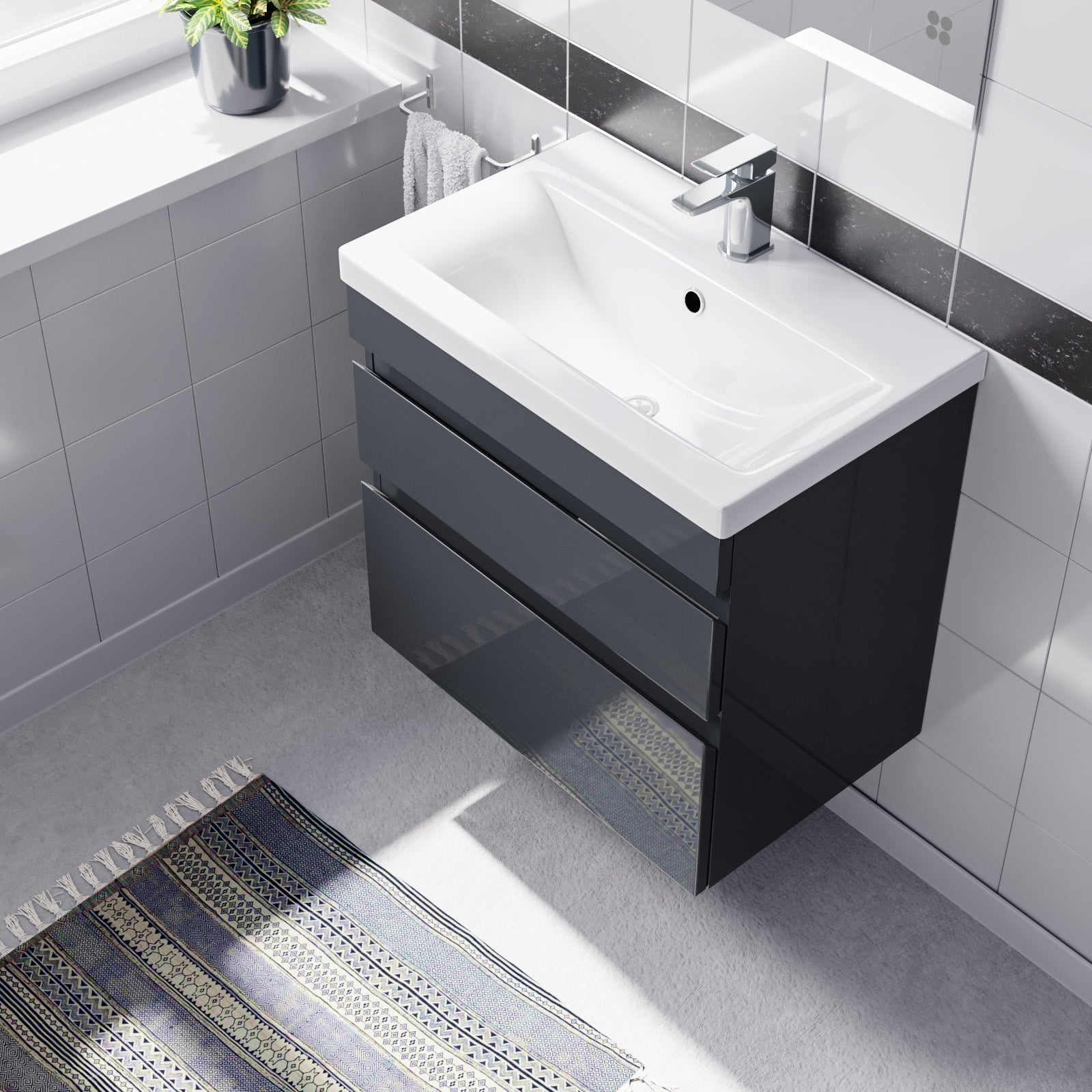 Alaska Dark Grey 600mm PVC 2 Drawer Wall Hung Vanity Cabinet & Basin Sink Unit