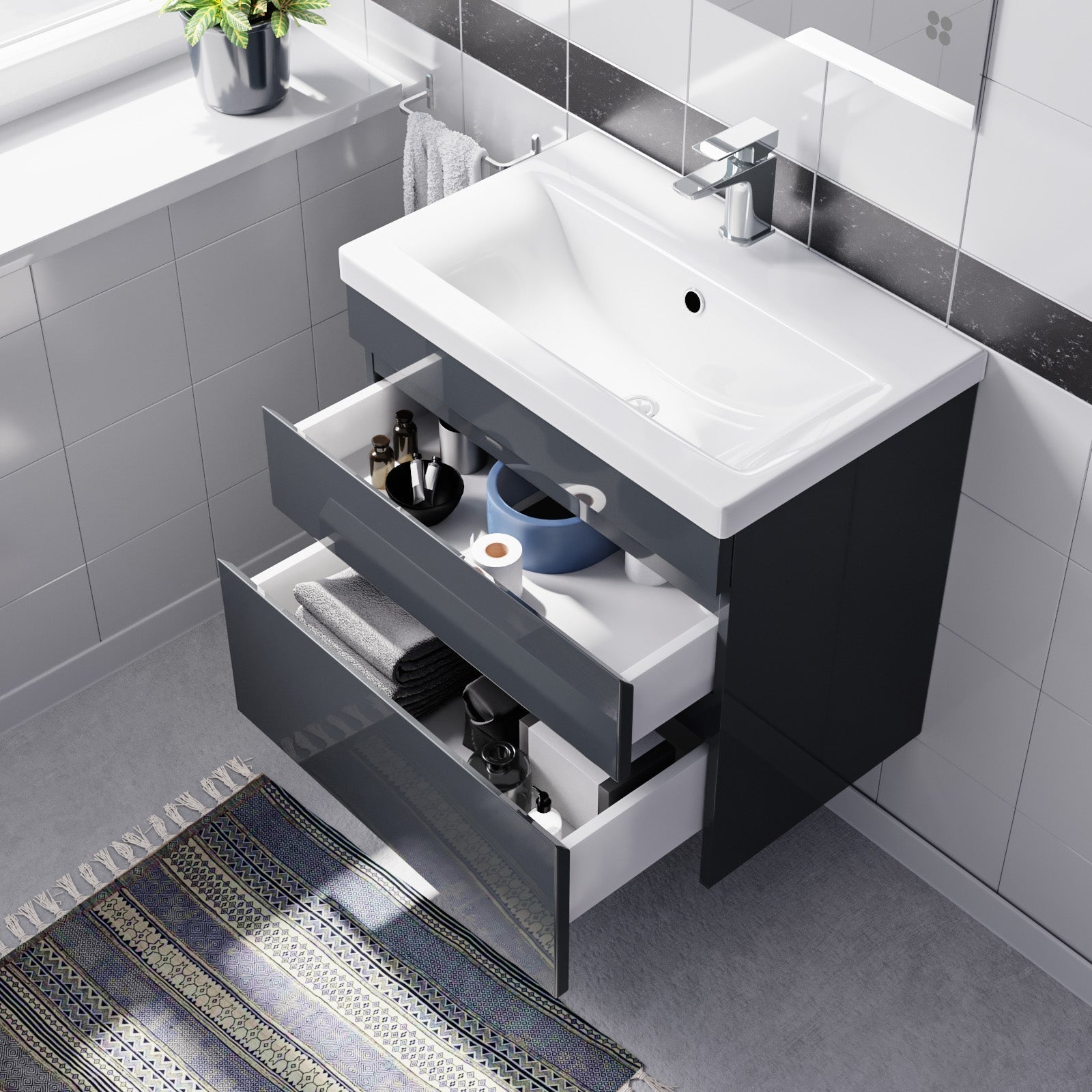 Alaska Dark Grey 600mm PVC 2 Drawer Wall Hung Vanity Cabinet & Basin Sink Unit