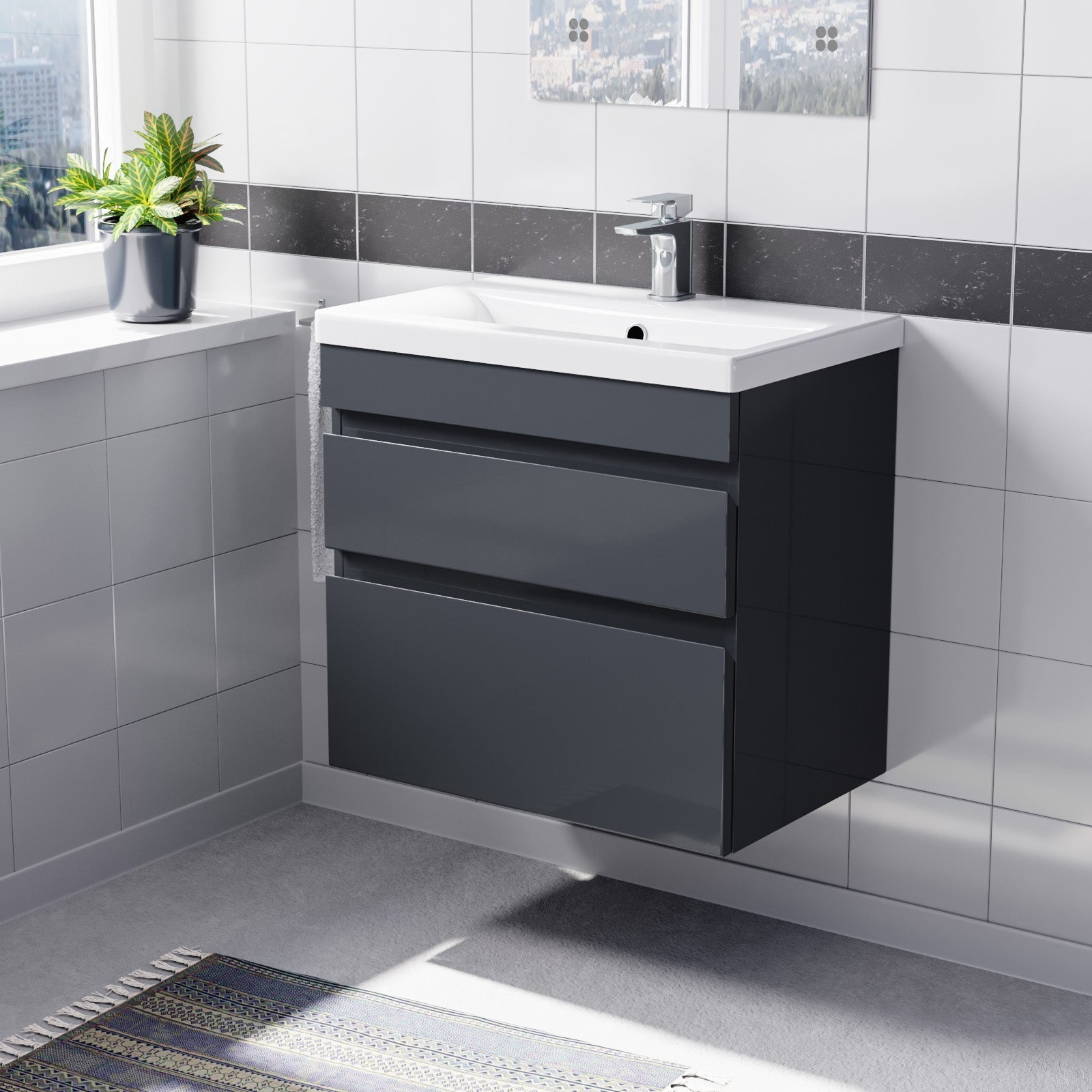 Alaska Dark Grey 600mm PVC 2 Drawer Wall Hung Vanity Cabinet & Basin Sink Unit