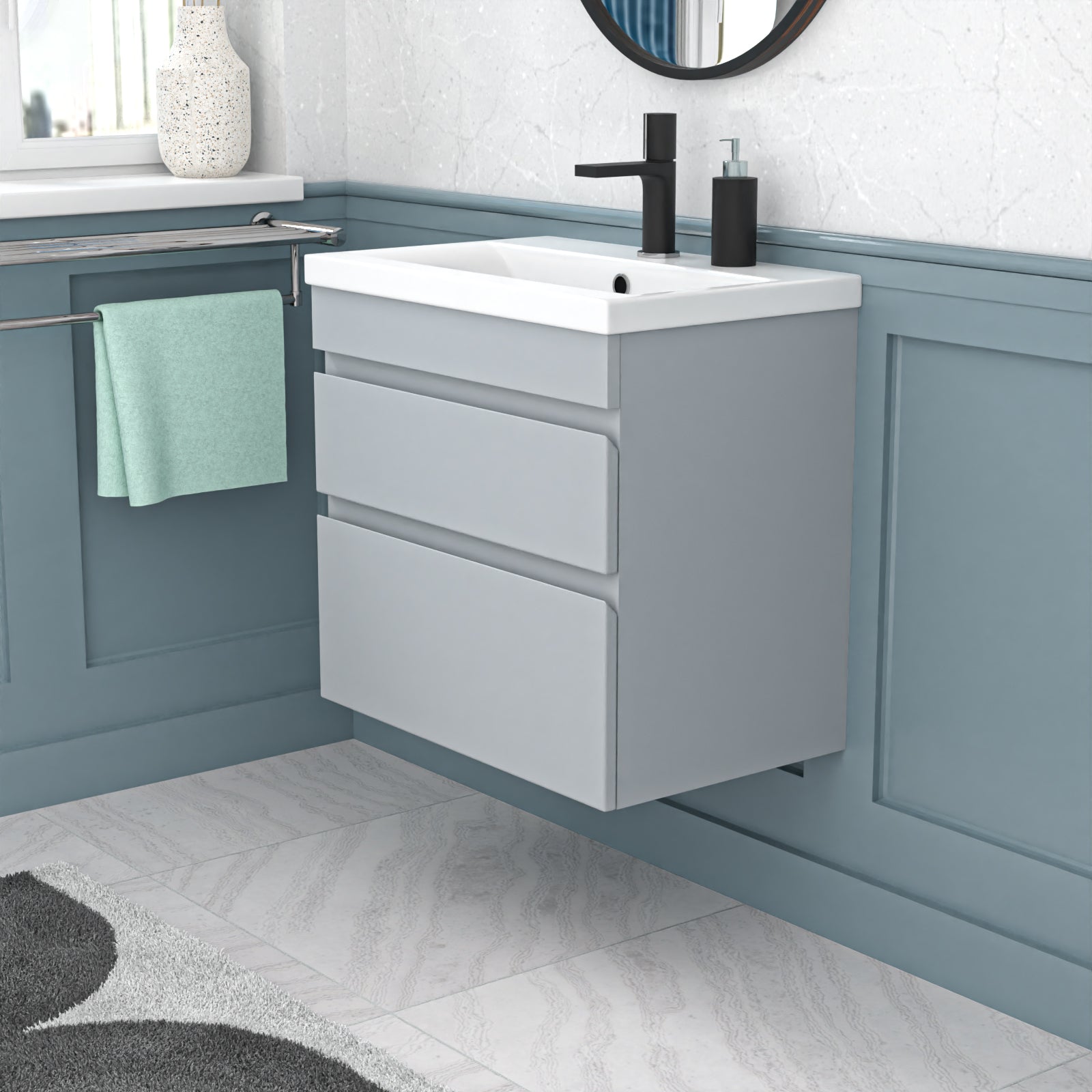 Bathroom vanity with sink and cabinets in a modern bathroom setting.