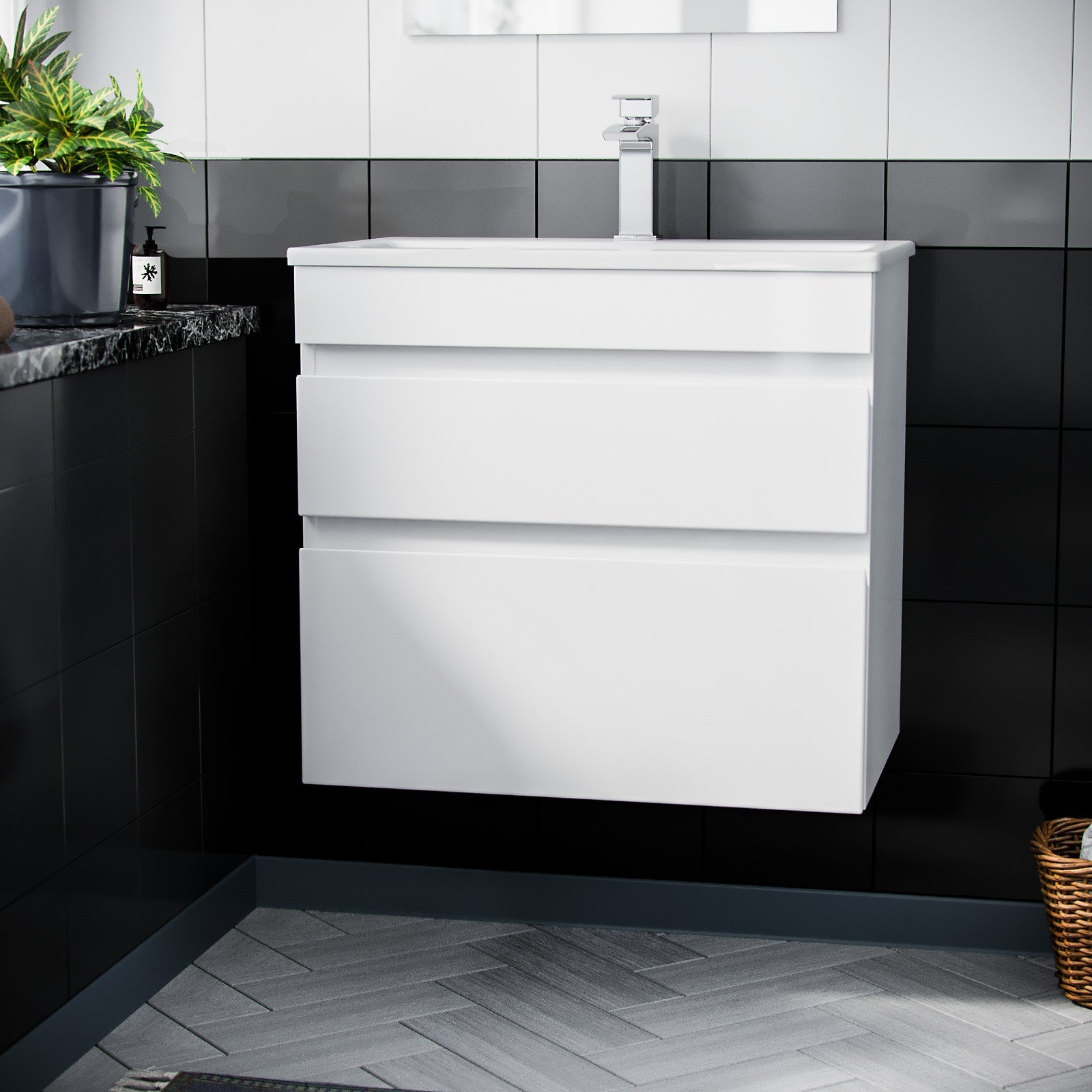 Alaska White 600mm PVC 2 Drawer Wall Hung Vanity Cabinet and Slim Basin Unit