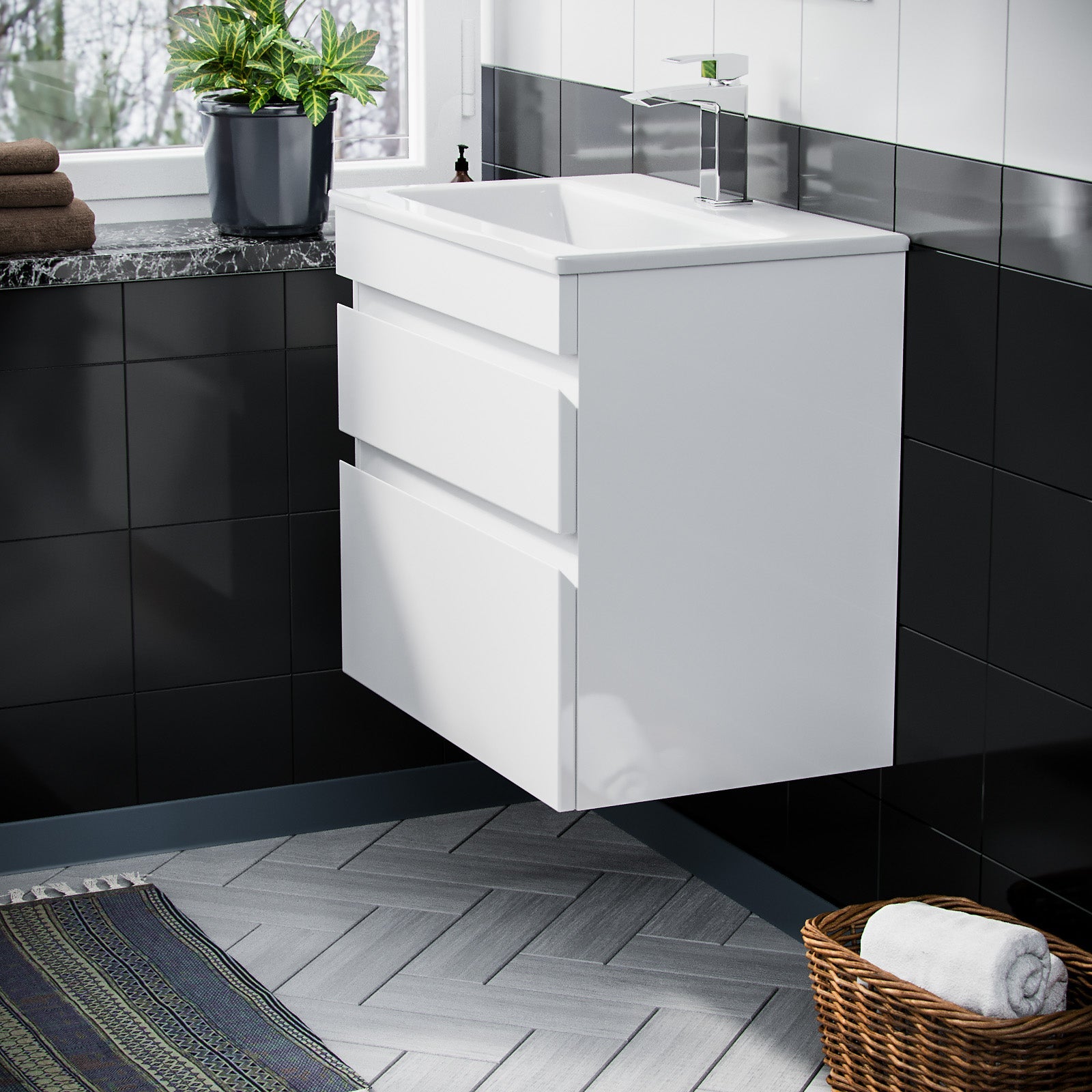 Alaska White 600mm PVC 2 Drawer Wall Hung Vanity Cabinet and Slim Basin Unit