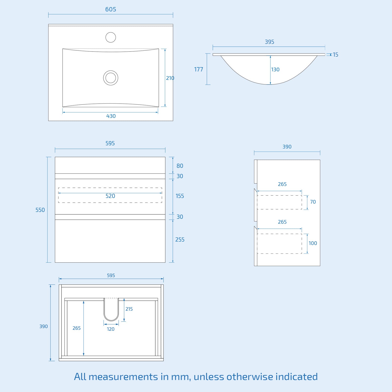 Alaska White 600mm PVC 2 Drawer Wall Hung Vanity Cabinet and Slim Basin Unit