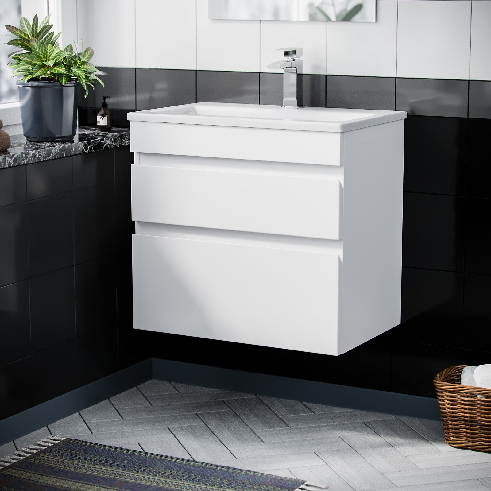 Alaska White 600mm PVC 2 Drawer Wall Hung Vanity Cabinet and Slim Basi
