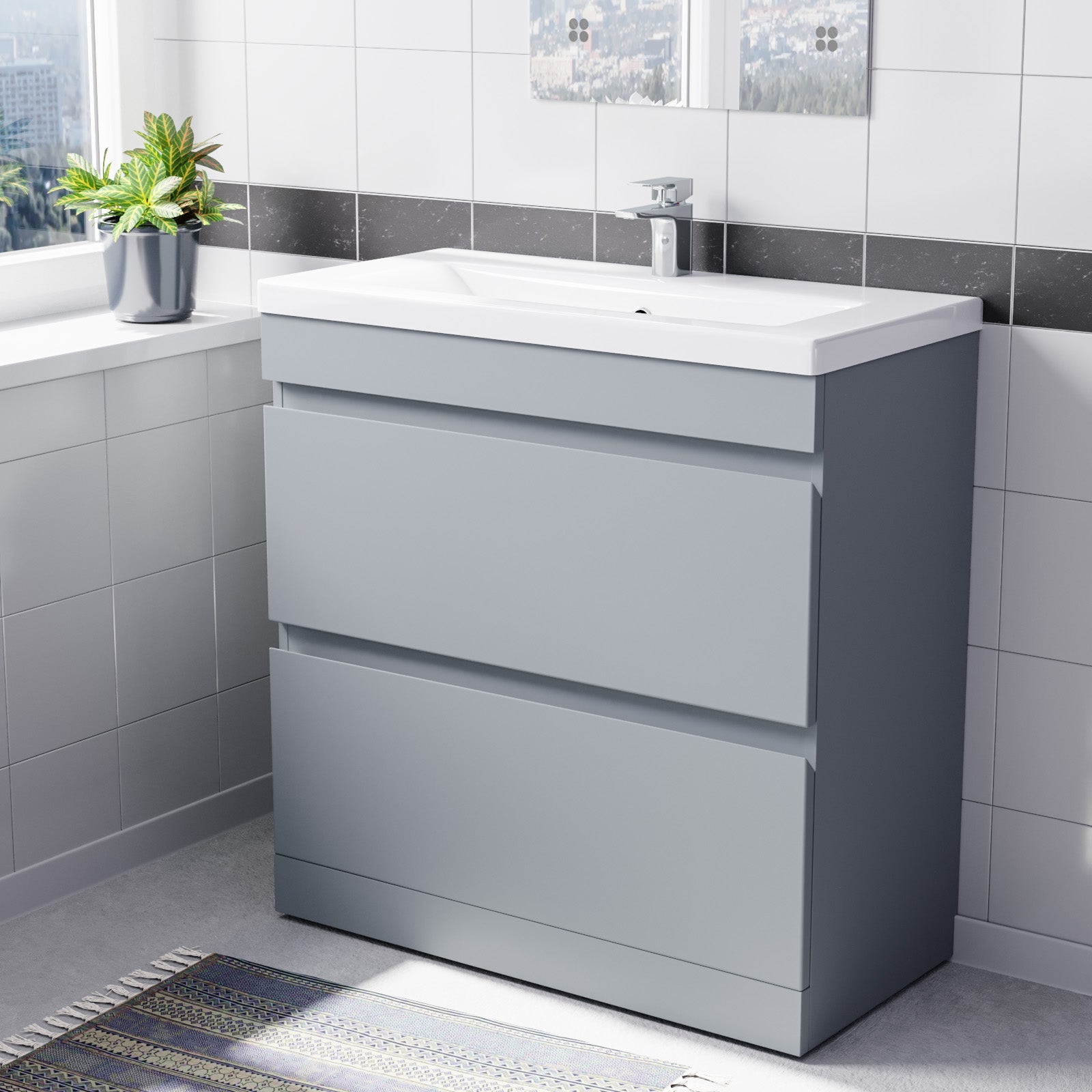 Alaska Floorstanding Matte Grey 800mm PVC 2 Drawers Vanity Unit & Basi