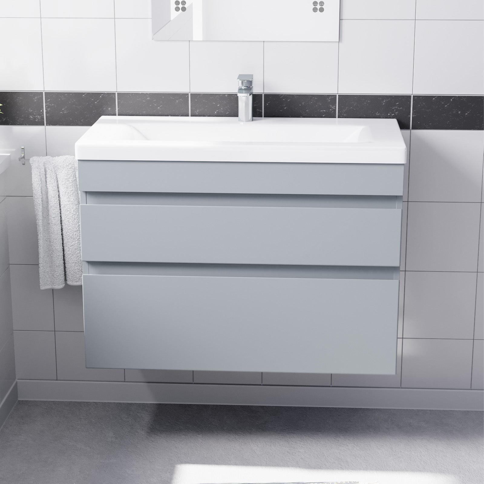 Alaska Wall Hung Matte Grey 800mm PVC 2 Drawers Vanity Unit & Basin Sink