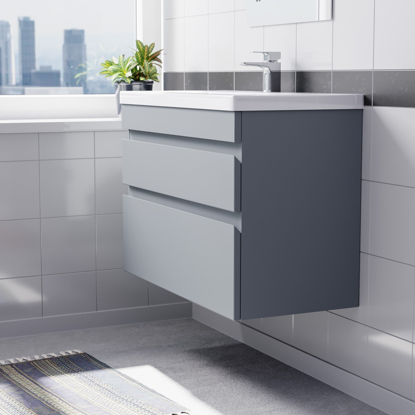 Alaska Wall Hung Matte Grey 800mm PVC 2 Drawers Vanity Unit & Basin Sink