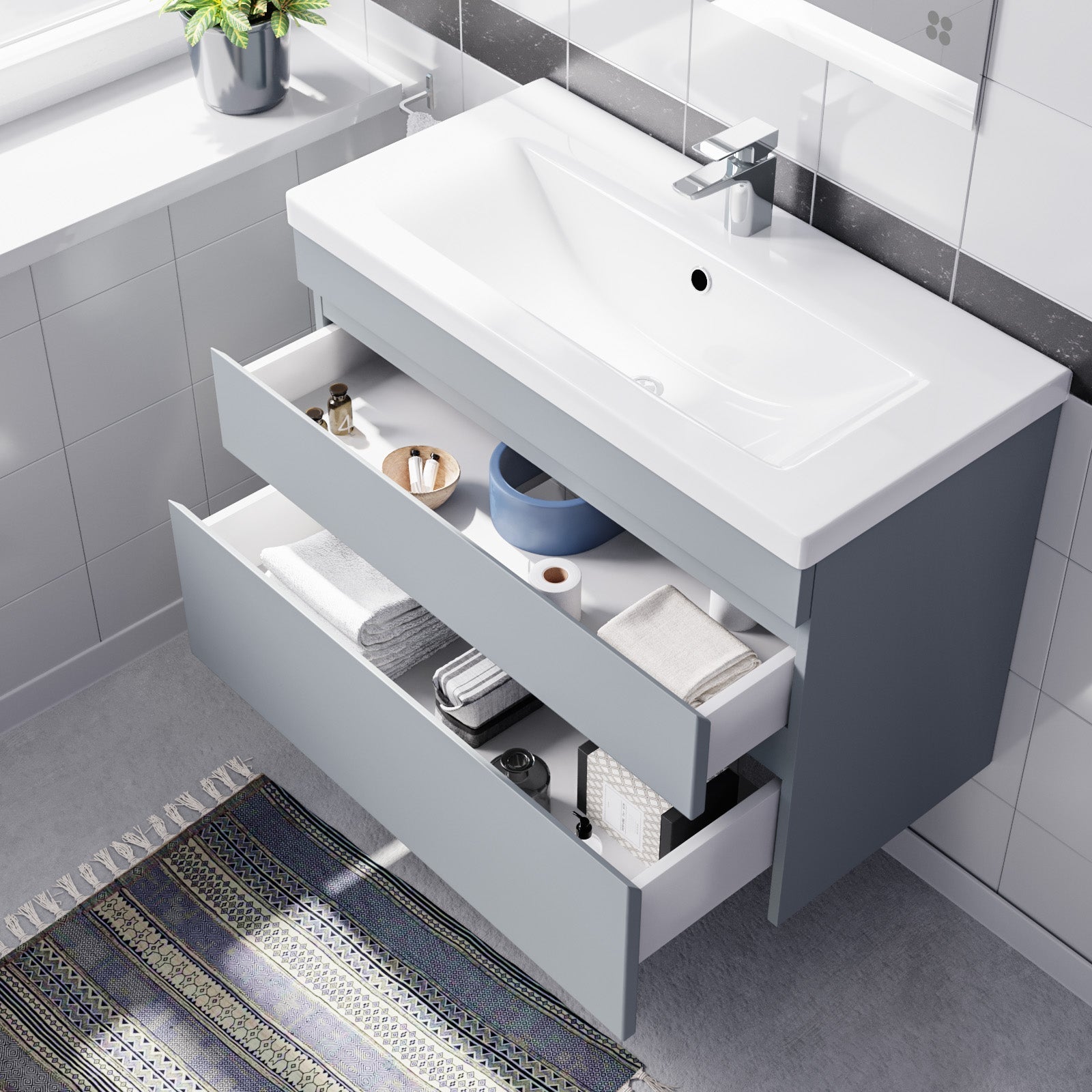 Alaska Wall Hung Matte Grey 800mm PVC 2 Drawers Vanity Unit & Basin Sink