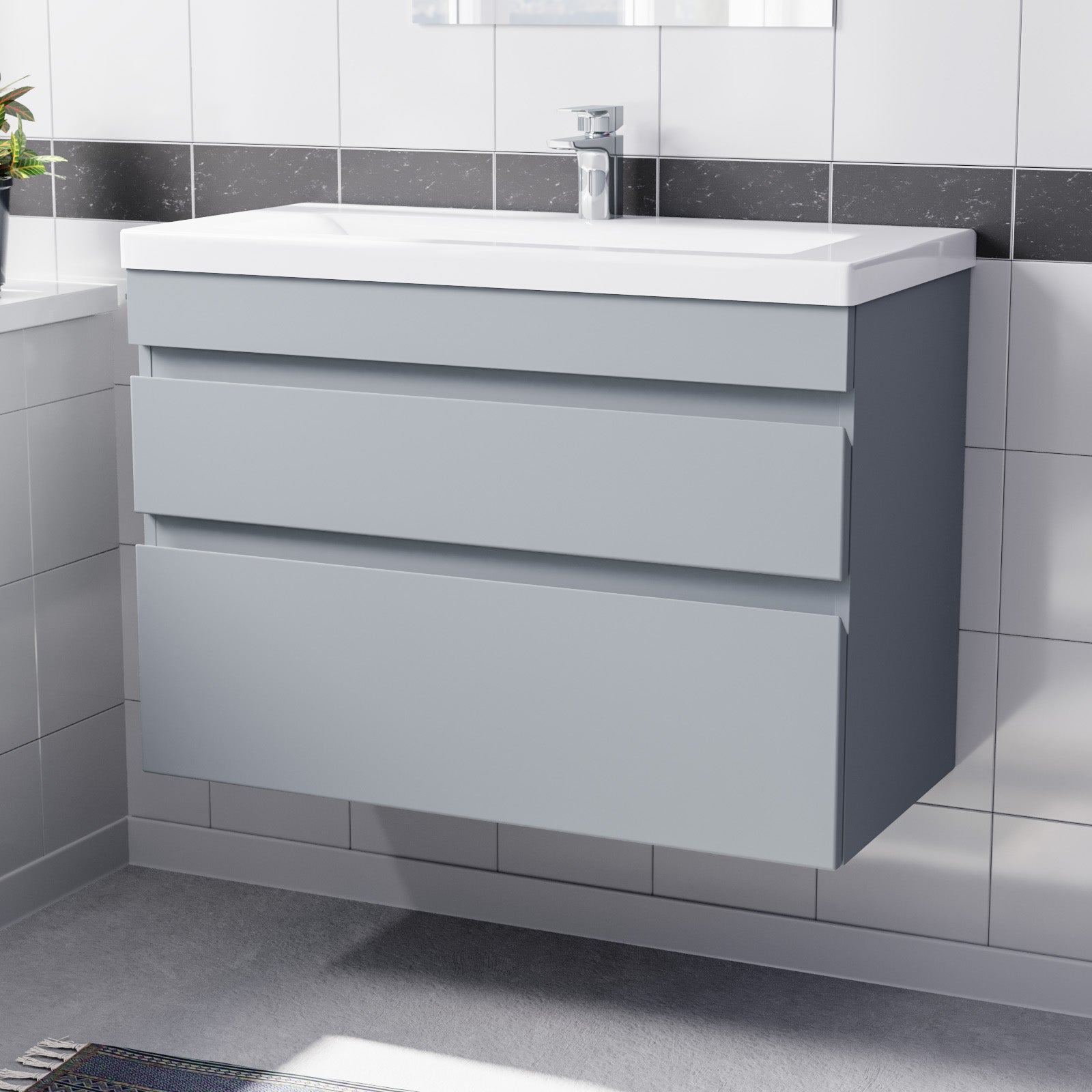 Alaska Wall Hung Matte Grey 800mm PVC 2 Drawers Vanity Unit & Basin Sink