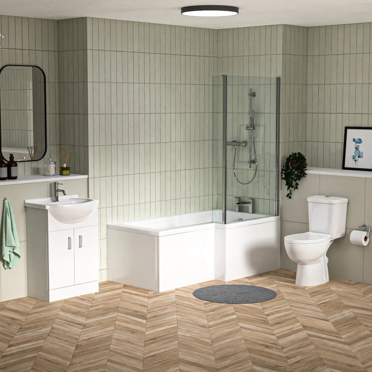 1500mm RH L Shaped Bathroom Suite, Front Panel & Screen With Vanity & Toilet