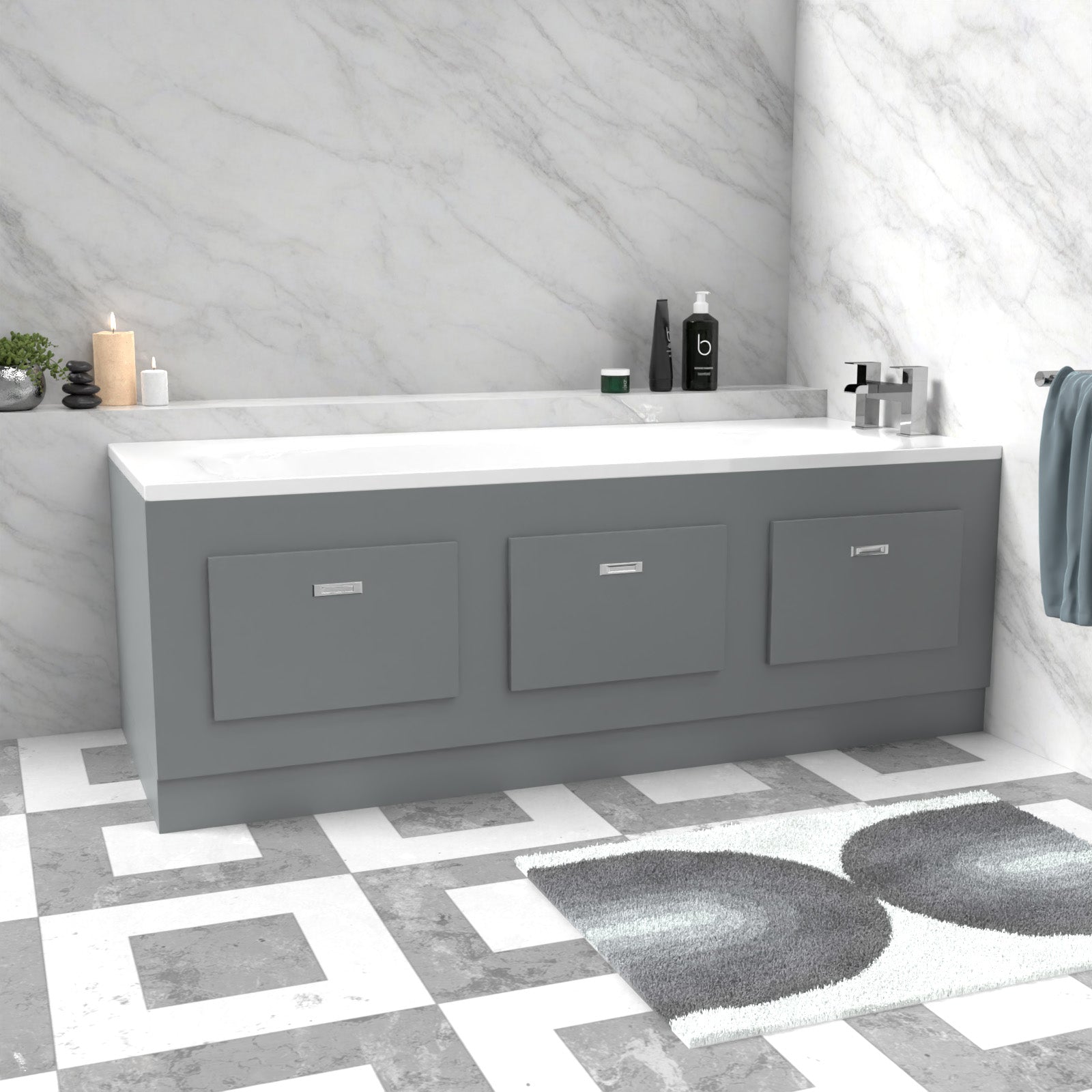 Matte Grey PVC 1800mm Front & End Bath Panels with Magnetic Door - Adjustable Height