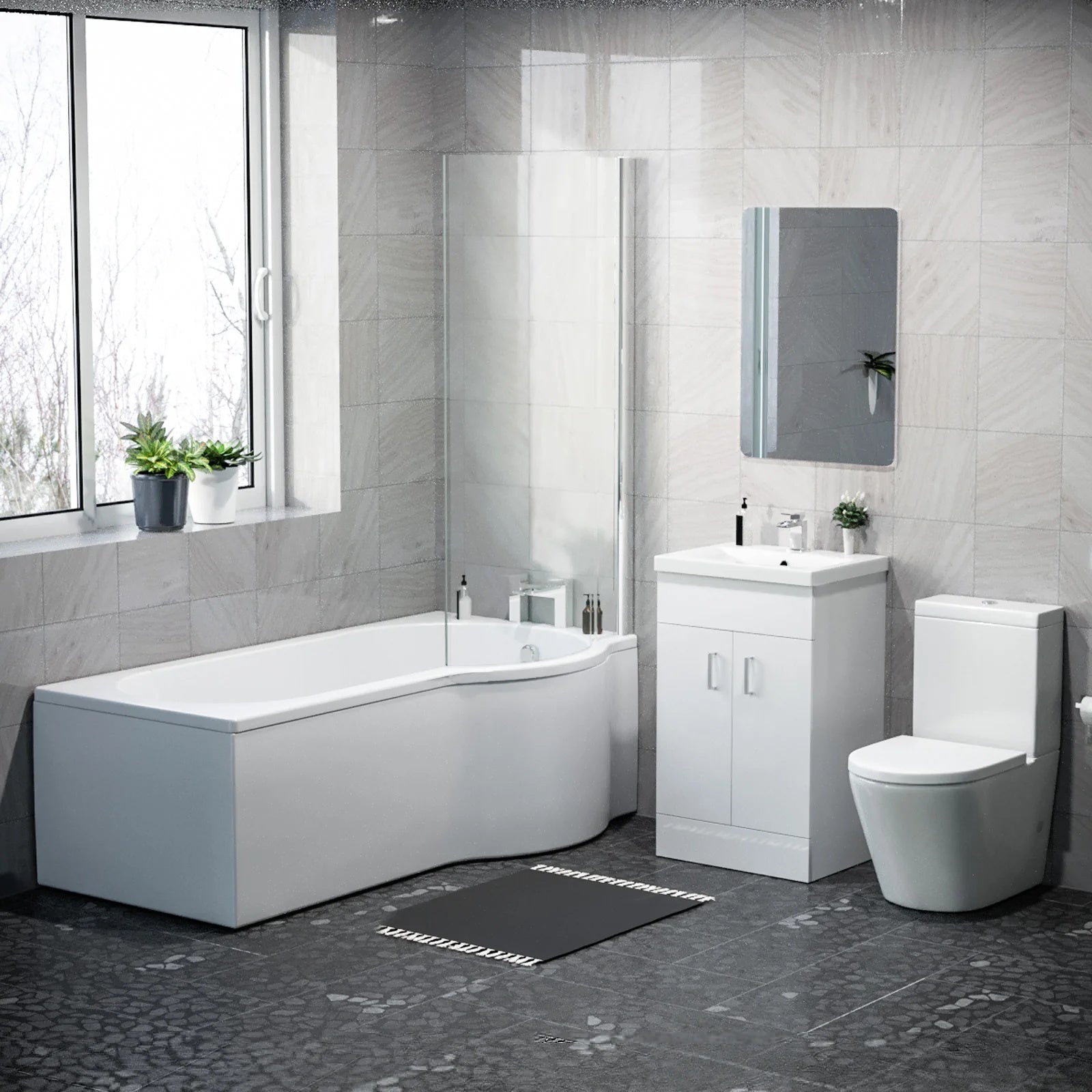 1500mm RH P Shaped Bath, Front Panel, Screen With 500mm Vanity & Toilet