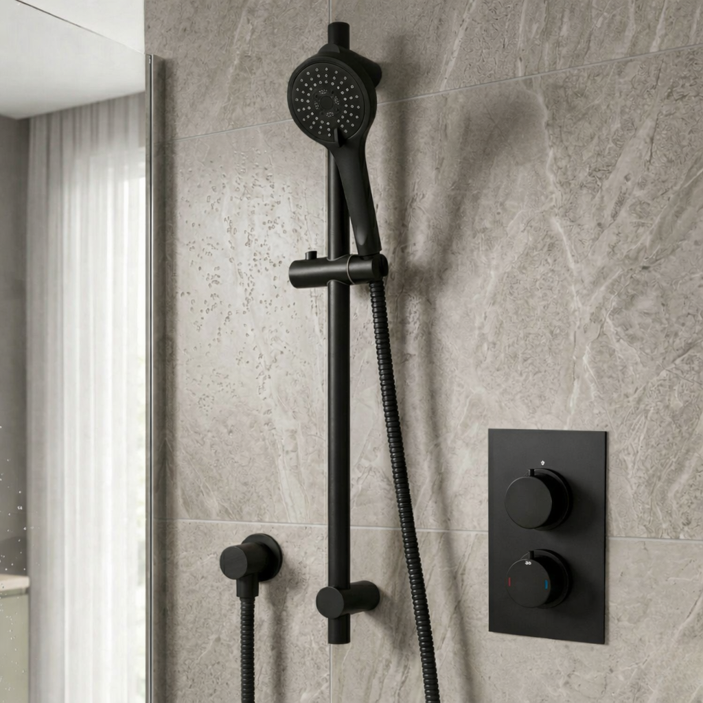Onyx 2 Dial 1 Outlet Modern Round Matt Black Concealed Thermostatic Shower Valve with Slider Rail Kit, Handset & Wall Outlet Elbow Set