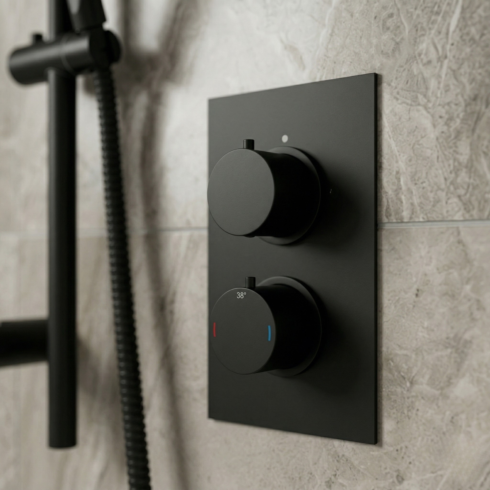 Onyx 2 Dial 1 Outlet Modern Round Matt Black Concealed Thermostatic Shower Valve with Slider Rail Kit, Handset & Wall Outlet Elbow Set