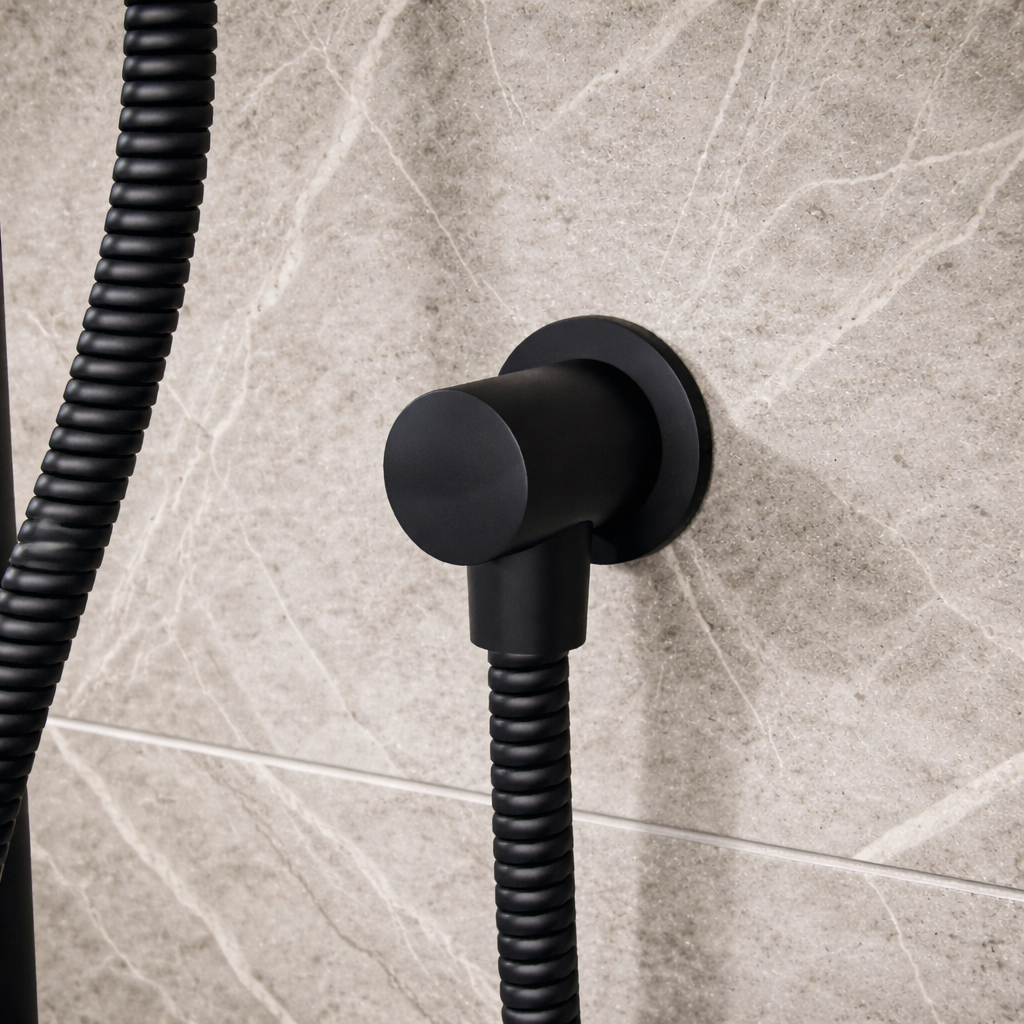 Onyx 2 Dial 1 Outlet Modern Round Matt Black Concealed Thermostatic Shower Valve with Slider Rail Kit, Handset & Wall Outlet Elbow Set