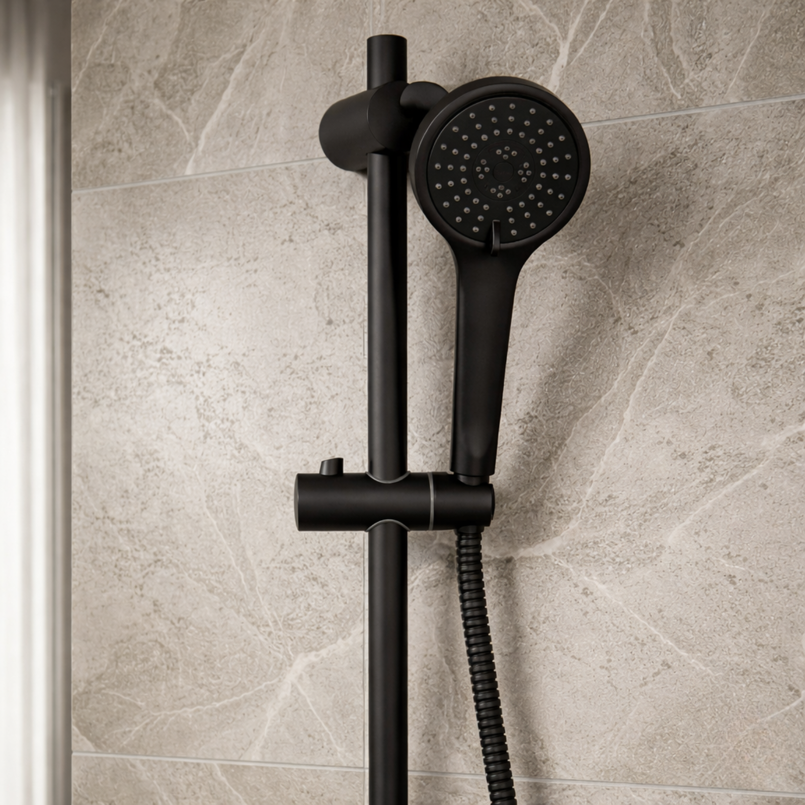 Onyx 2 Dial 1 Outlet Modern Round Matt Black Concealed Thermostatic Shower Valve with Slider Rail Kit, Handset & Wall Outlet Elbow Set