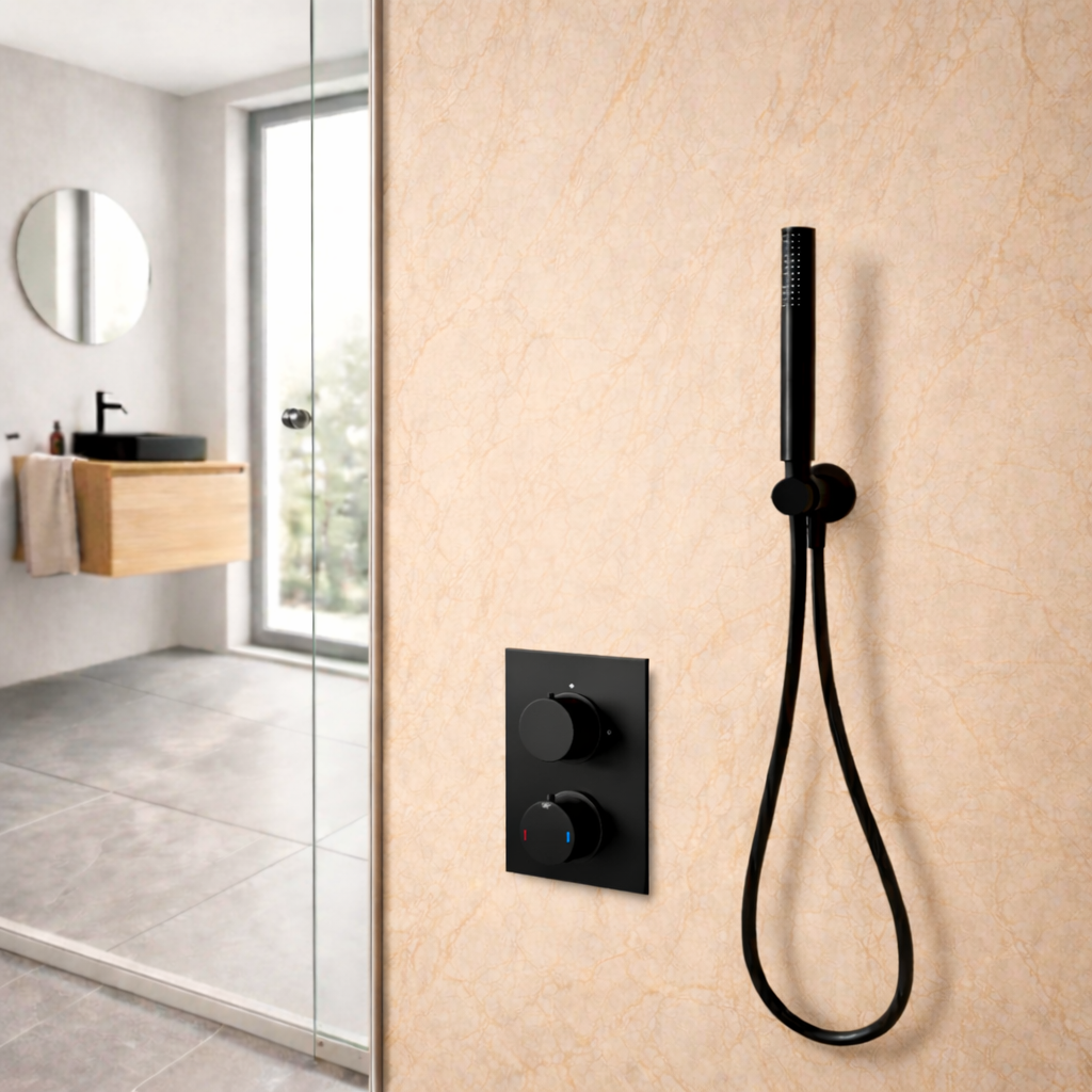 Onyx 2 Dial 1 Outlet Modern Round Matt Black Concealed Thermostatic Shower Valve with Handheld Shower Set